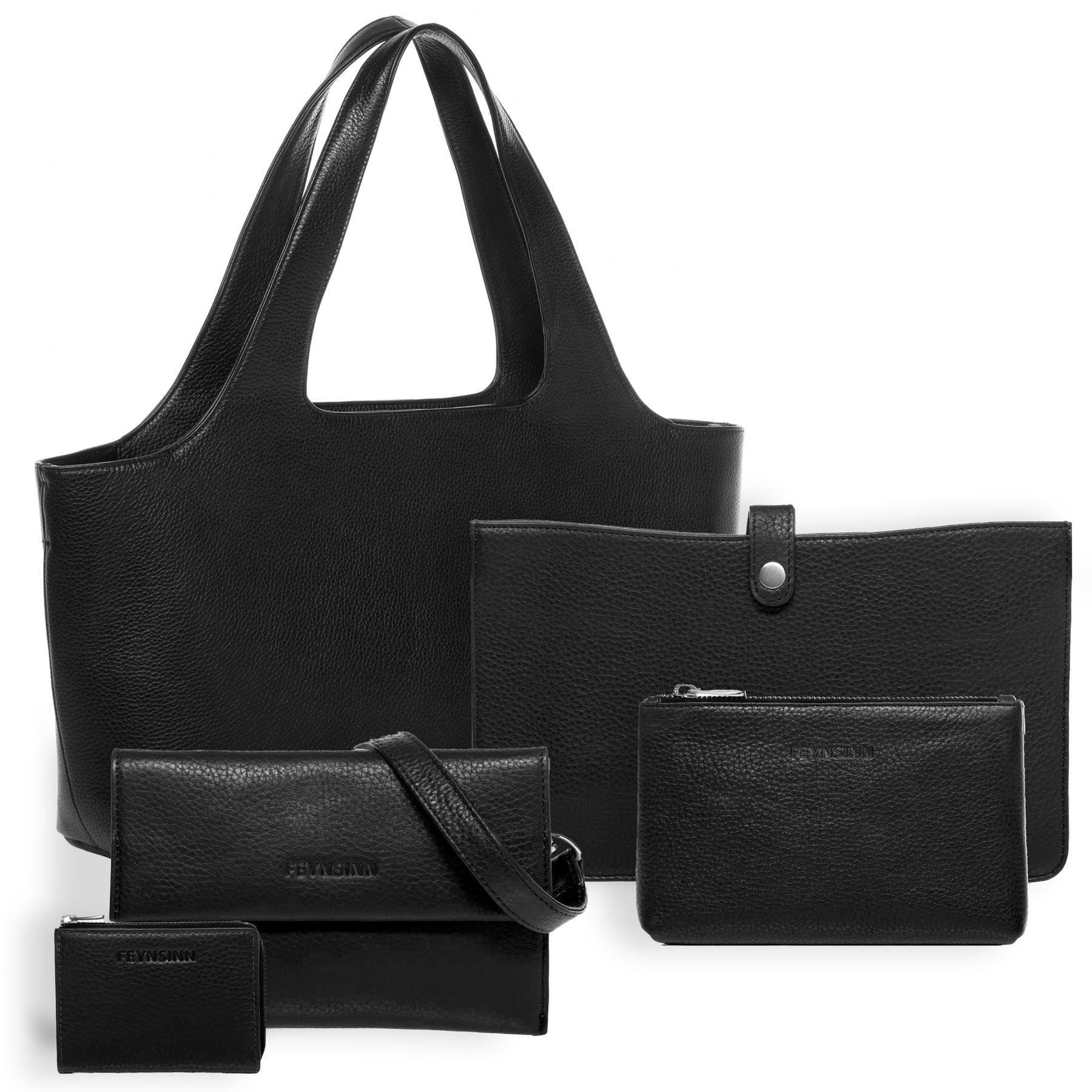 FEYNSINN Umhängetasche echt Leder Damen Businesstasche 13 Zoll schwarz, Add On Tote Komplettset 13'' echt Leder Damen, Schultertasche schwarz