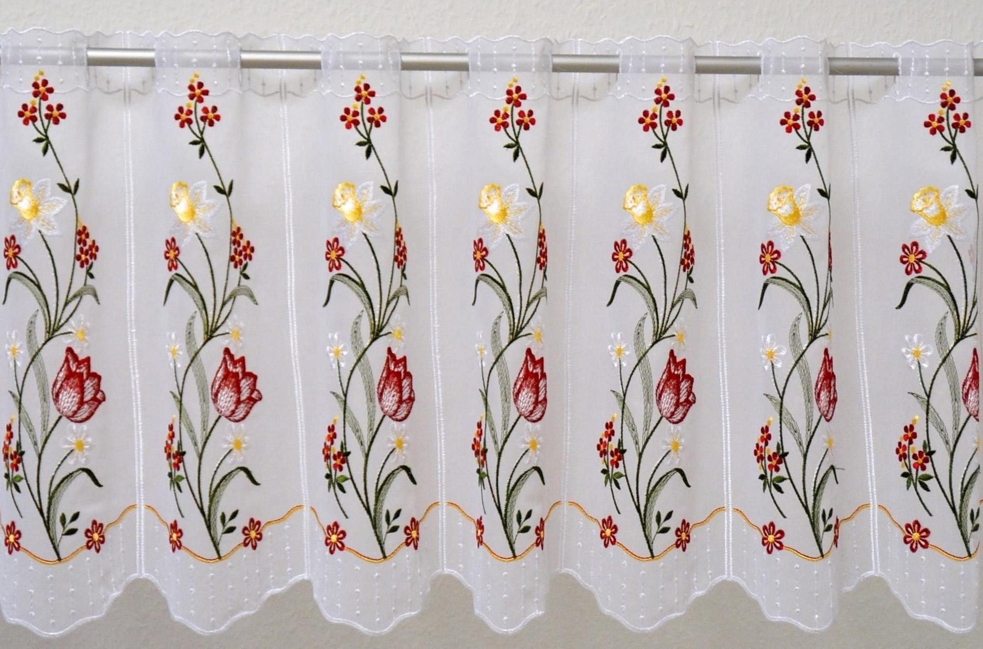 Stickereien Plauen Scheibengardine Tulpe (1 St), Durchzuglöcher, transparent, Voile, veredelt mit echter Plauener Spitze Stickerei