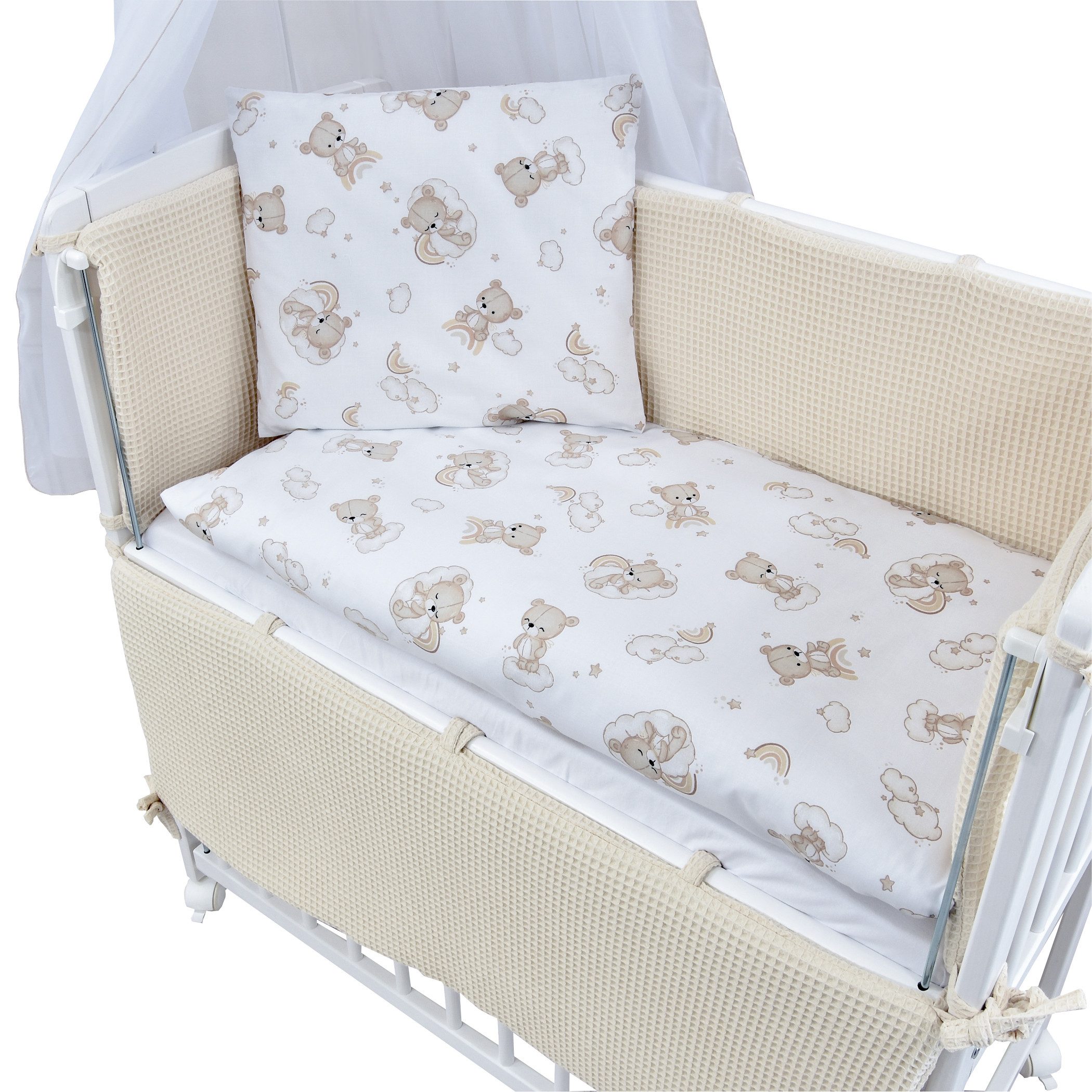 Baby-Delux Beistellbett Babybett Waffelpique Bärchen Beige, Stillbett 90x40 weiß höhenverstellbar, Matratze inkl. komplett Set