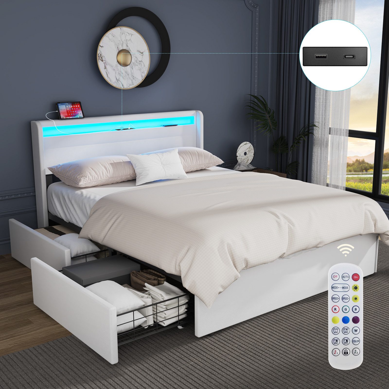 oyajia Polsterbett LED-Beleuchtung Doppelbett mit Ladefunktion und 4 Schubl günstig online kaufen