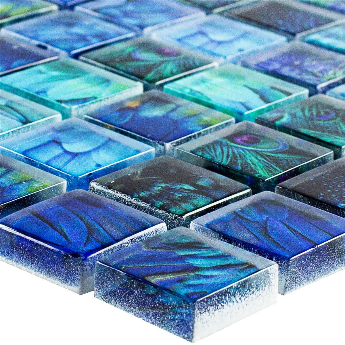 Mosafil Mosaikfliesen Glasmosaik Fliesen Peafowl 23, Glas 29.800x29.800, blau, Verlegefertig auf ein Netz geklebt - Wasserfest