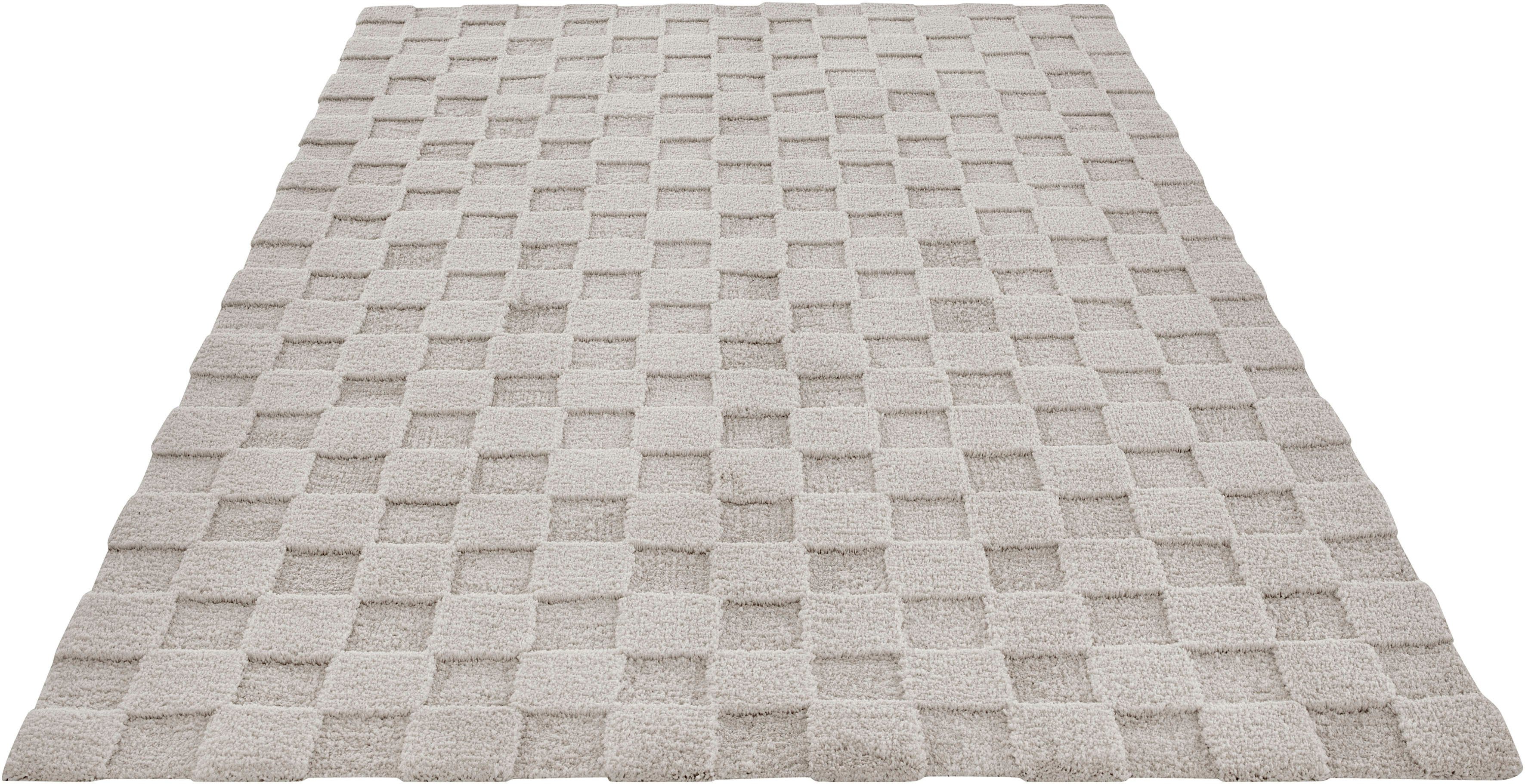LeGer Home by Lena Gercke Teppich Esmé, Hochflor-Teppiche, weich, Boho, rechteckig, Höhe: 23 mm, Hoch-Tief-Struktur, Uni, Kästchen, Wohnzimmer, Schlafzimmer, Esszimmer