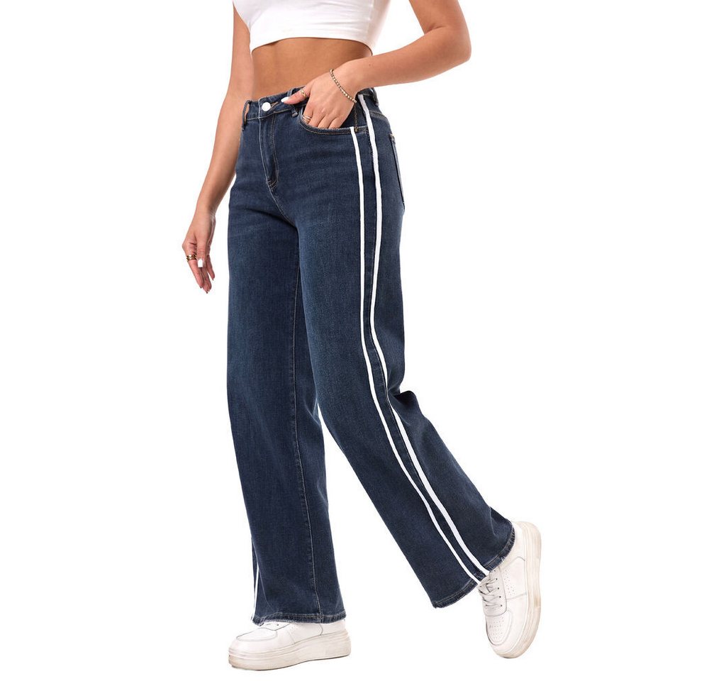 Ital-Design Dad-Jeans Sportliche Damenjeans mit seitlichen Details für Alltag (90727816) Used-Look Stretch Straight Leg Jeans in Dunkelblau