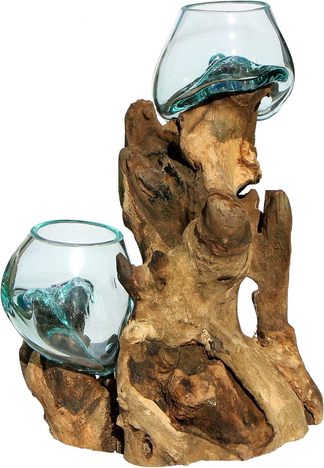 Wogeka Dekovase Doppel Glas-Vase Ø Glas 10-11 cm auf Wurzel-Holz Gamal Teak günstig online kaufen