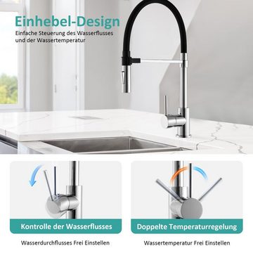 EMKE Küchenarmatur Wasserhahn KücheSilikon mit Schwarzem Weichschlauch Ausziehbar 2 Strahlarten,Küchenarmatur 360° Drehbar,Höhe 49.03cm