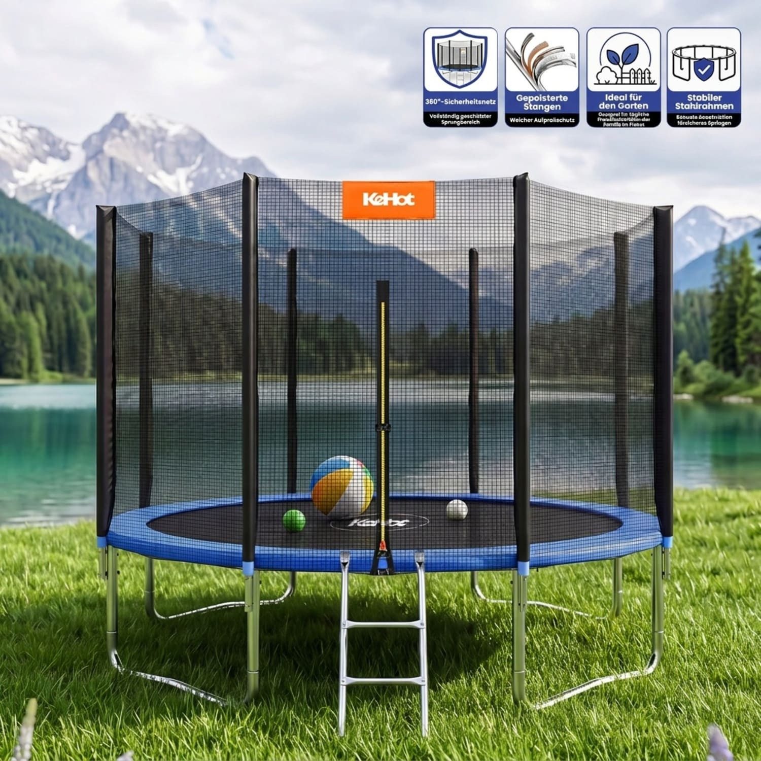 kehot Kindertrampolin Kinder Trampolin mit Sicherheitsnetz,Turnstange, Innen-/Außenbereich, Ø 305 cm, Stabil bis 150 kg für aktiven Spielspaß und gemeinsames Springen