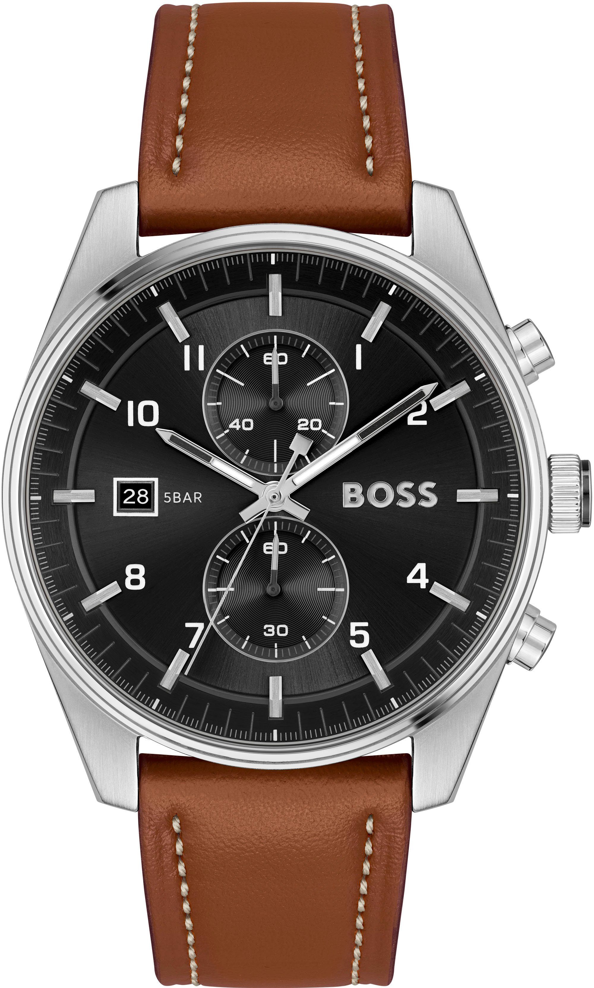 BOSS Chronograph SKYTRAVELLER, Quarzuhr, Herrenuhr, Armbanduhr, Stoppfunktion, Datum