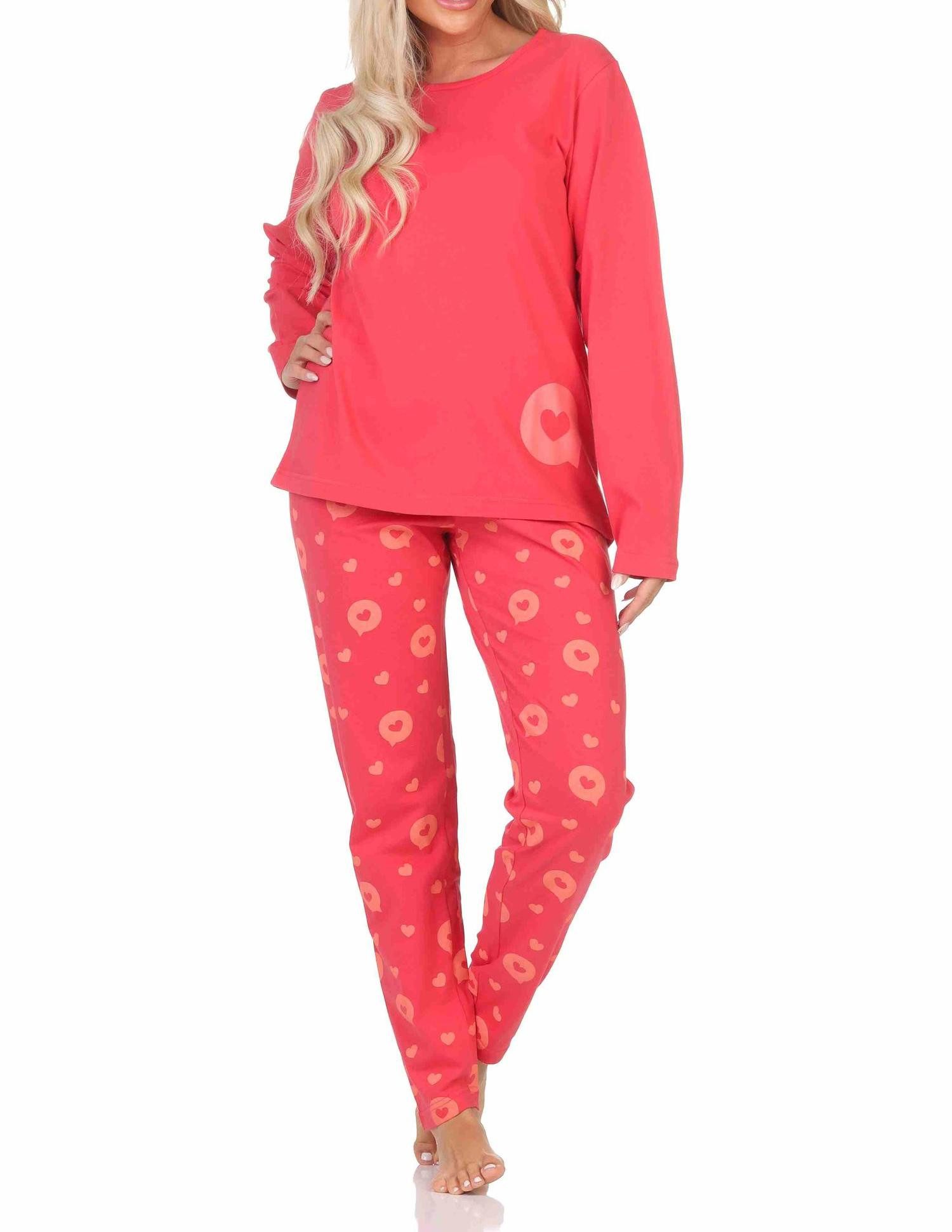 Normann Pyjama Normann Damen Schlafanzug langarm Pyjama in Herz Tupfen Punkte Optik