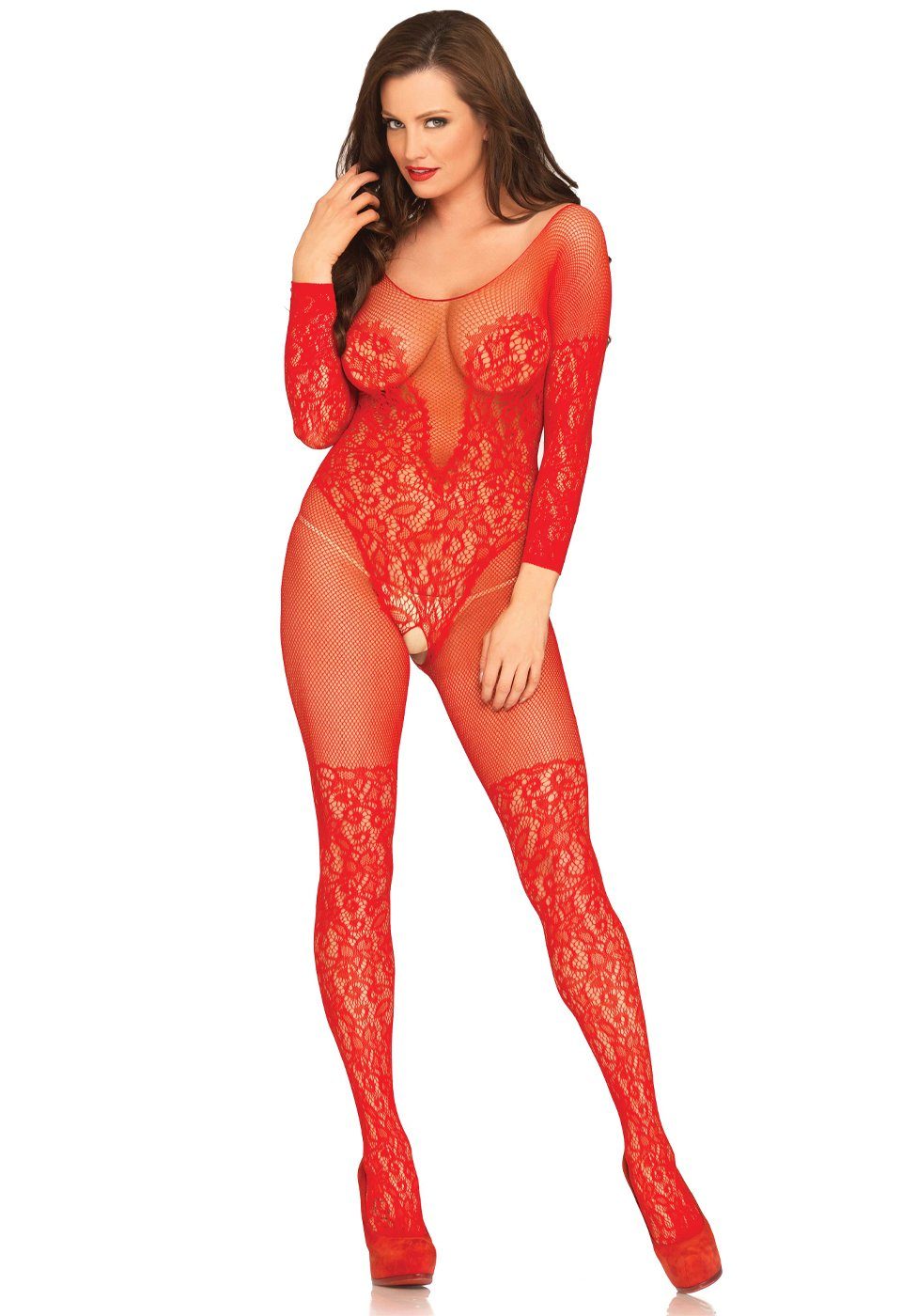 Leg Avenue Bodystocking Bodystocking mit Spitze - rot (1 St) aus elastischem Netz-Stoff