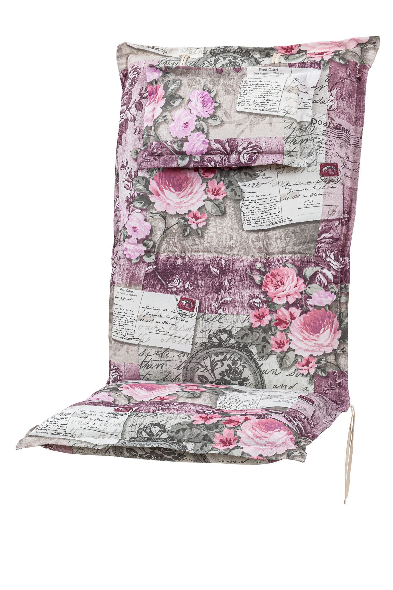 KETTtex Hochlehnerauflage Hochlehner Rom 0798 rosa-grau Blumen Landhaus 123x50x9 cm KETTtex, (1 St), Halteband verstellbar mit Bindebändern