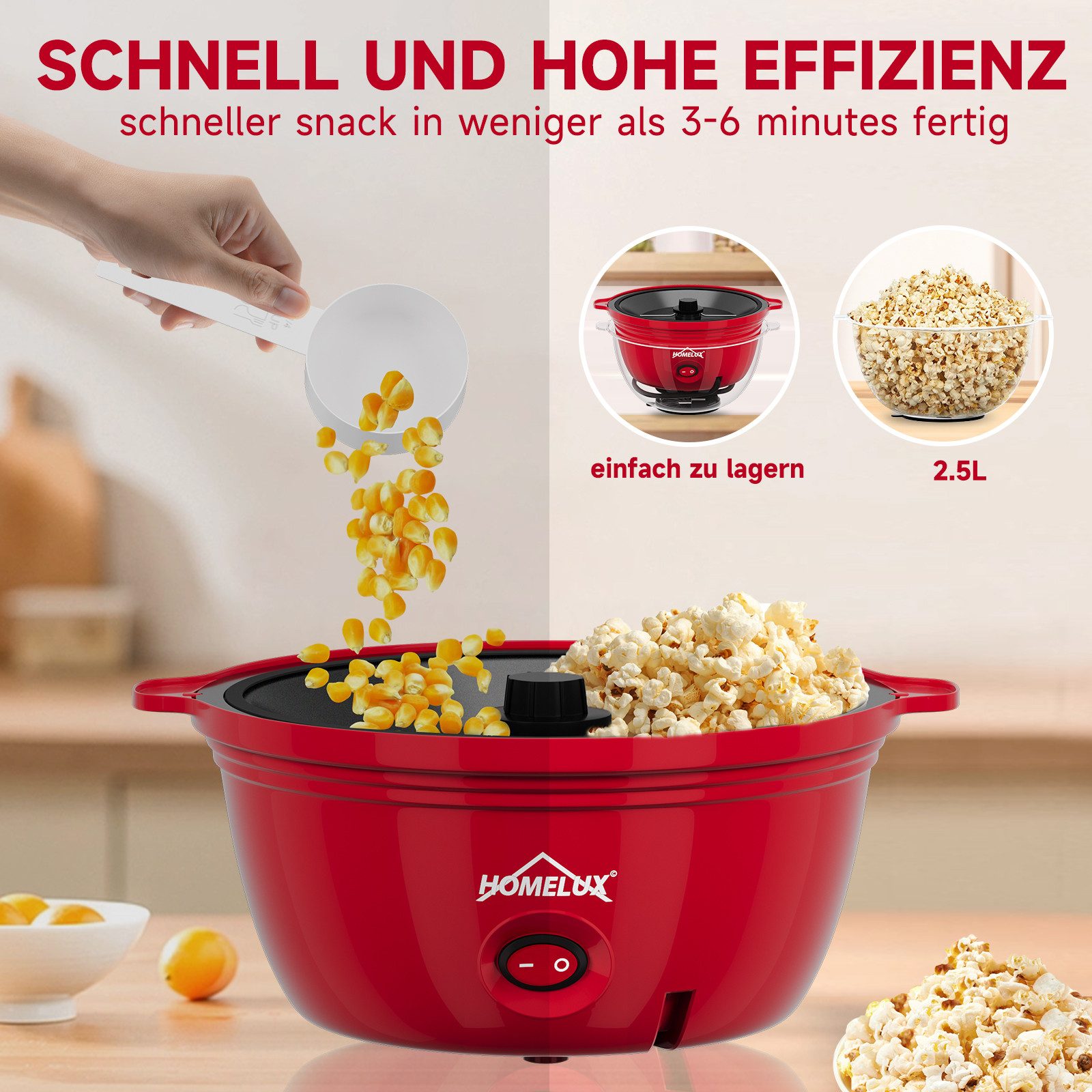 HOMELUX 2-in-1-Popcornmaschine 2.5L Popcorn Maker 450W inkl. 2 Löffel 3 Minuten Schnell Snack Popper, Deckel als Servierschale, Automatisches Rühren, Mini & Ret – Bild 4 von 5