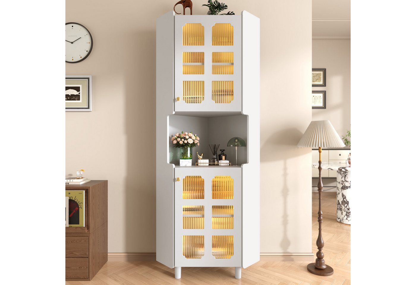 Celya Eckvitrine Eck-Schrank mit Lackschicht & LED-Beleuchtung (MDF-Platte mit weißer Lackoberfläche, für Wohnzimmer, Bücherregal, Badezimmer, Schlafzimmer, Esszimmer) Multifunktionale Ecken-Kommode