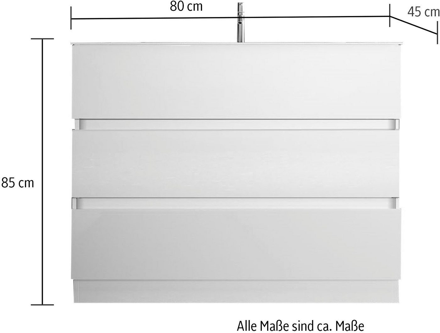 Thumbnail - welltime Waschtisch Start, Breite 80 cm, 2 bzw. 3 Schubkästen, Badmöbel, Soft-Close, Keramik-Einsatzbecken, Weiß Hochgla...