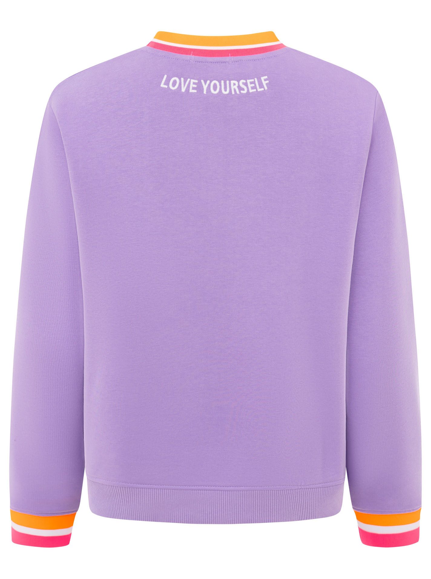 Zwillingsherz Hoodie "Love Yourself" Rundhals, gestreifte Neon-Bündchen, gestickter Schriftzug – Bild 4 von 5