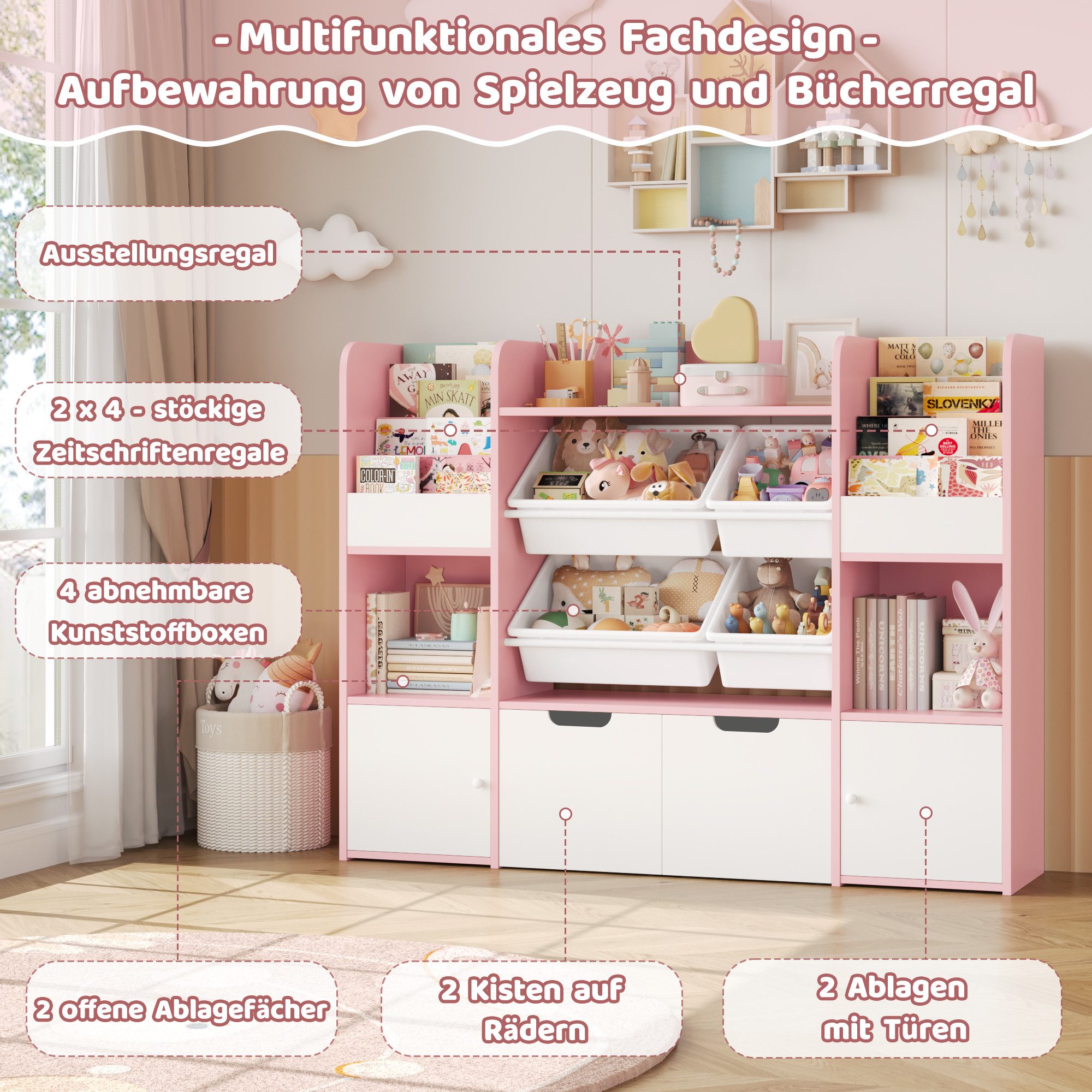 Homfa Spielzeugtruhe Kinderregal mit 2 Schubladen auf Rollen & 4 Boxen Bücherregal, Kinderbücherregal Spiegelregal mit Tür 122x100x30 cm weiß und rosa – Bild 4 von 5