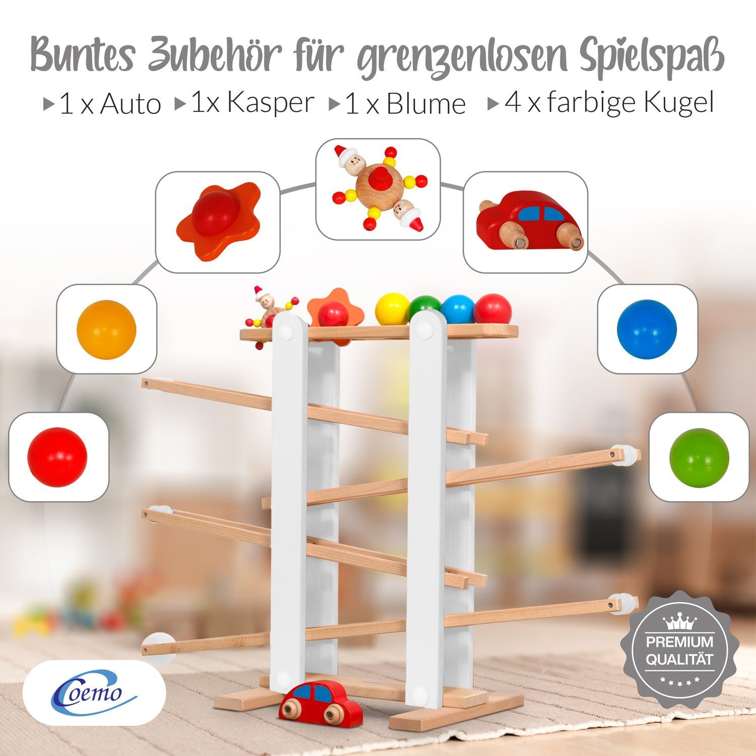 Coemo Kugelbahn, (8-tlg), Holzkugelbahn mit 7 mobilen Teilen Murmelbahn Mot günstig online kaufen