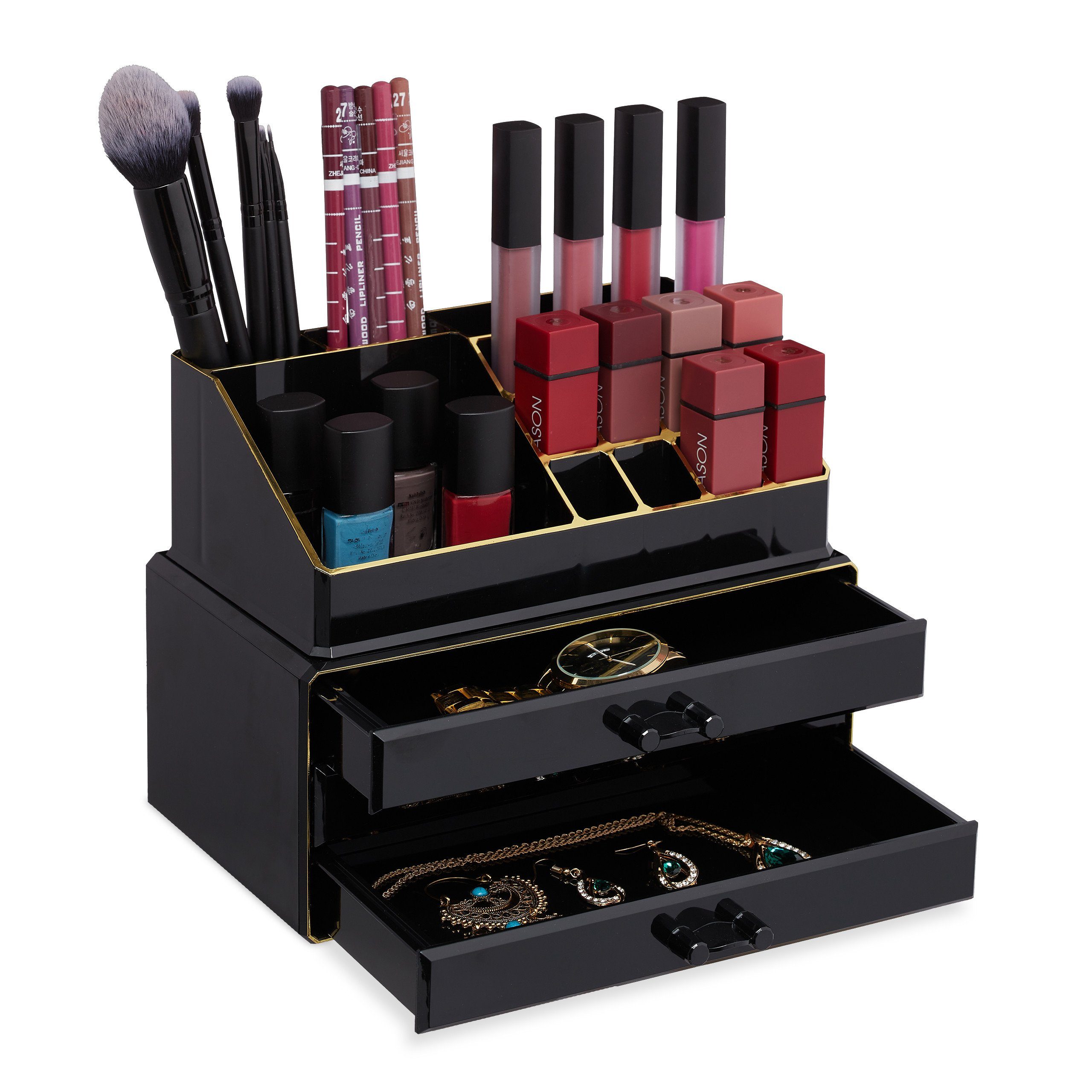 relaxdays Make-Up Organizer mit 3 Schubladen, 2-tlg., Schwarz-Gold