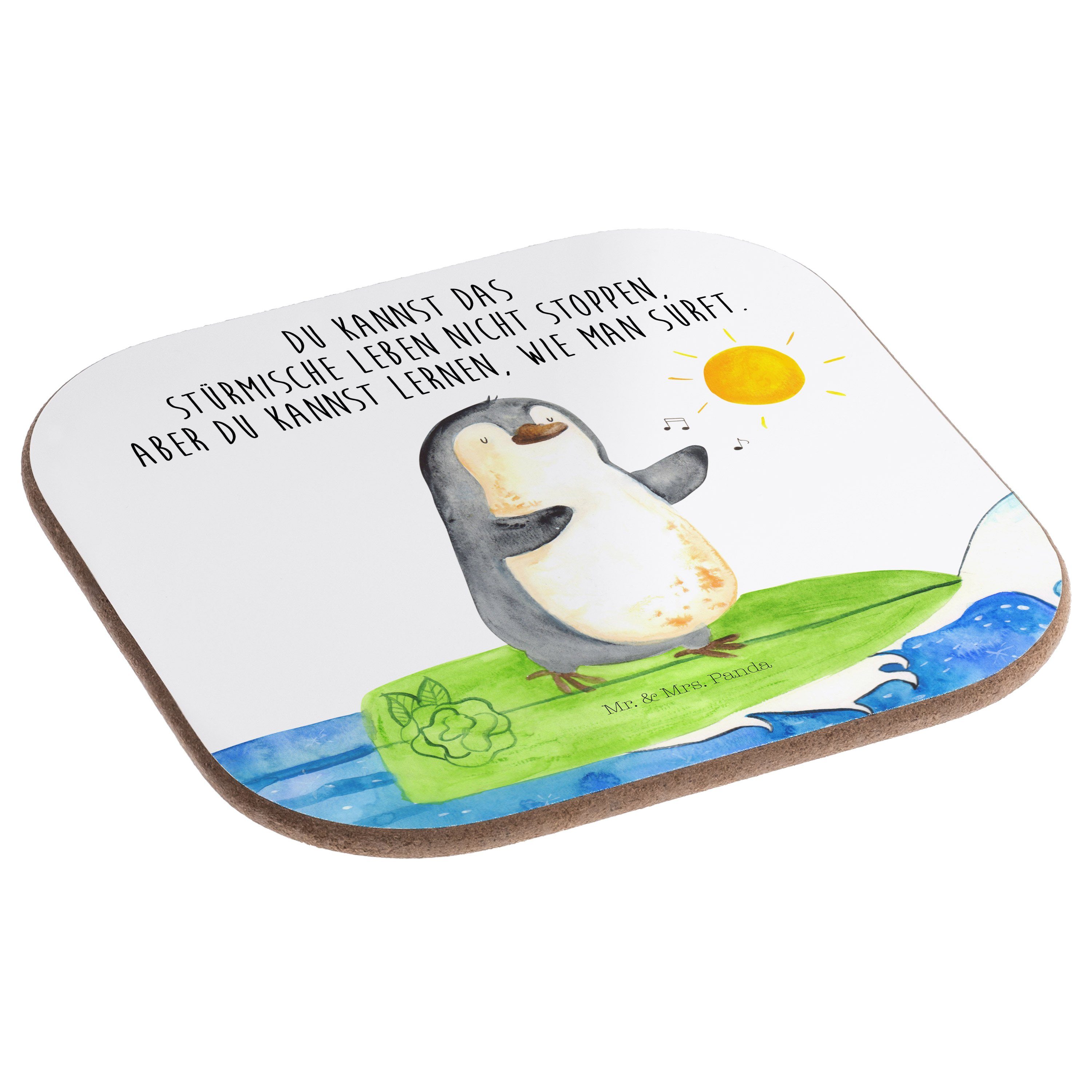 Weiß Untersetzer Surfer - & Gläse, Geschenk, Pinguin Getränkeuntersetzer Hawaii, Pinguine, Mr. Panda Mrs. 1-tlg. -