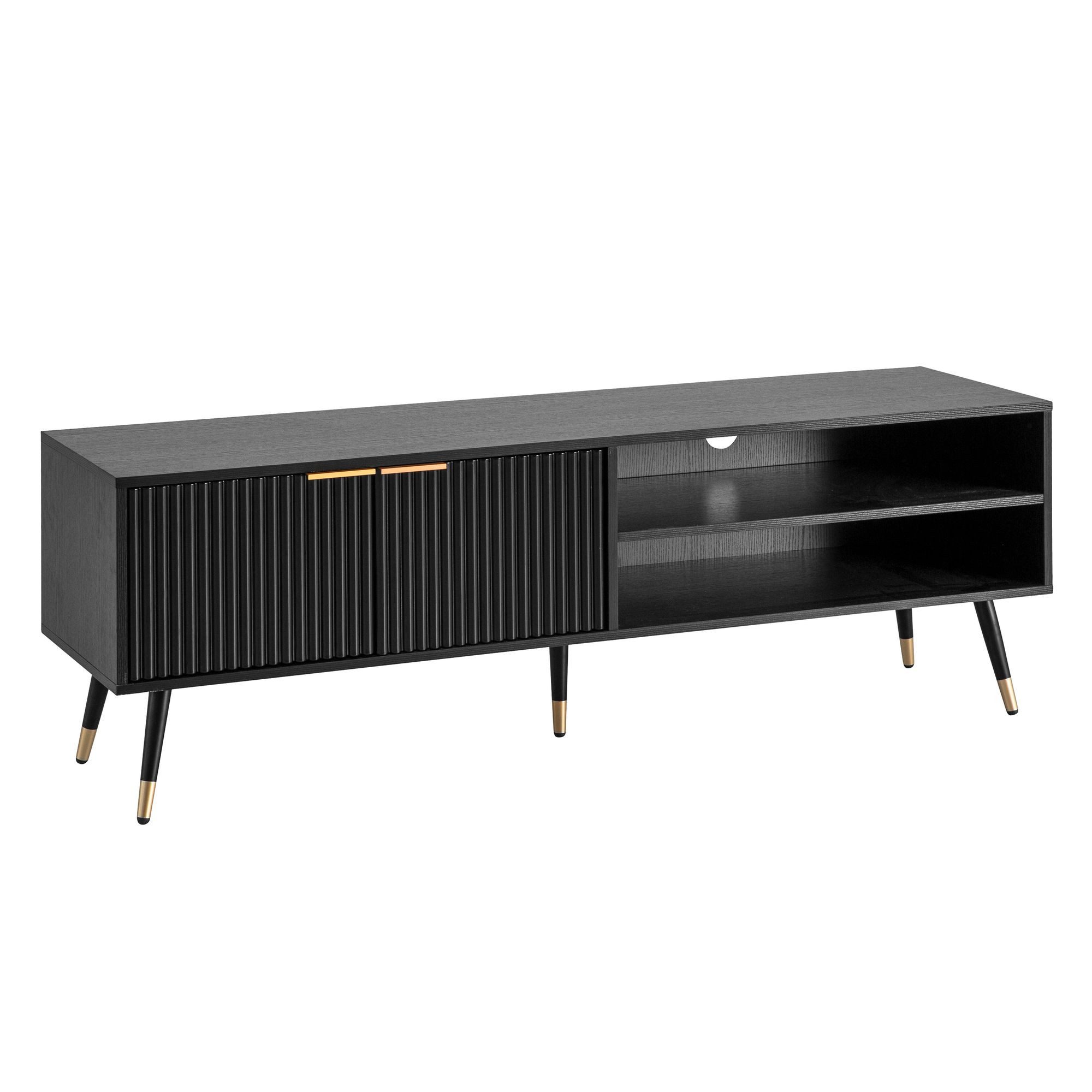 furnicato Lowboard TV-Unterschrank Lamellenoptik 150x51x39 cm Schwarz (1 St), TV-Board mit Kabeldurchlass und Stauraum für Spielekonsolen