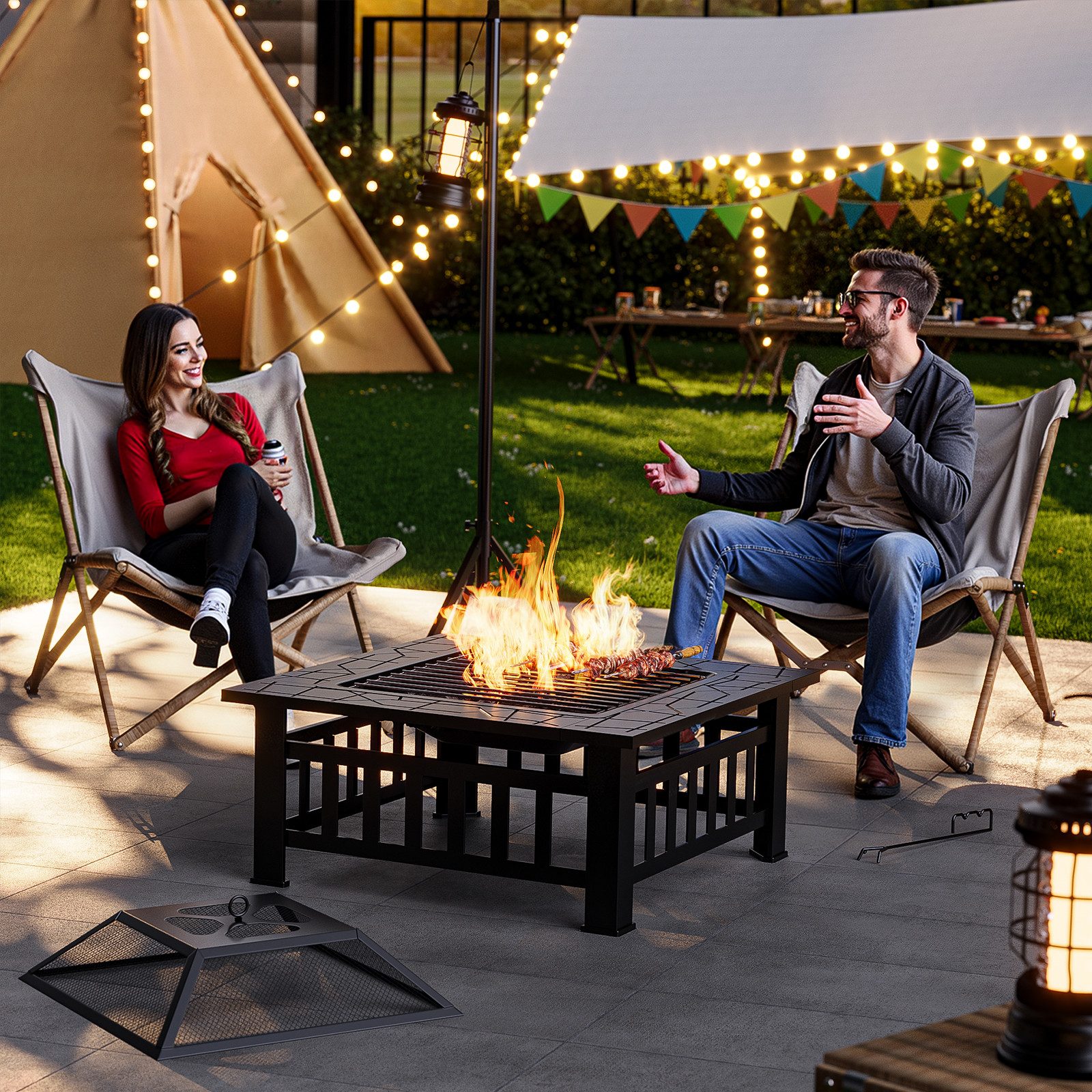 Bealife Fire Bowl, Charcoal Grill with Poker, 2-in-1 BBQ Grill, Fire Pit for Garden, Length x Width x Height: 81 x 81 x 35 cm