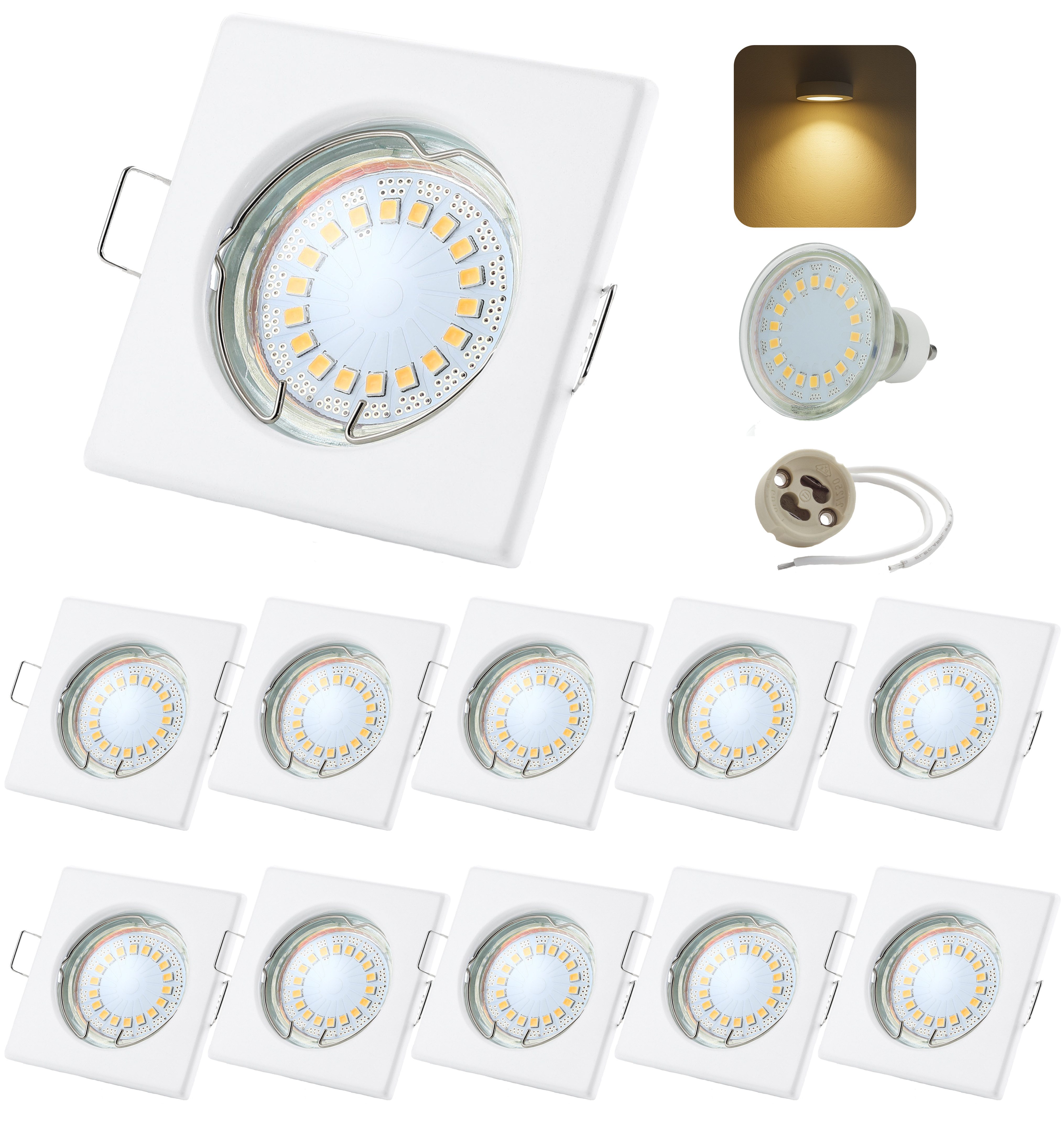 Sweet LED LED Einbaustrahler 10er Set GU10 5W Deckenspots eckig weiß-matt 230V, LED fest integriert, 3000K-Warmweiß, Deckenspots, Deckenstrahler, Einbauleuchten