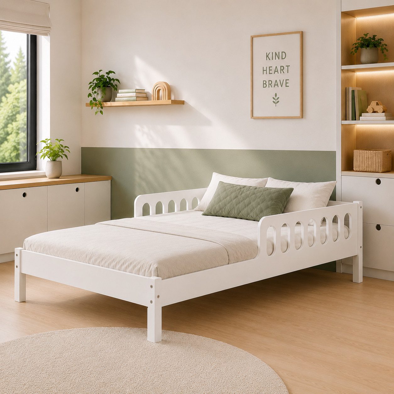 CADANI Kinderbett FINN mit Rausfallschutz, Roll-Lattenrost - bis 200 kg belastbar (120x200 cm Jugendbett, Weiß, ohne Schubladen, inkl. Roll-Lattenrost), Rausfallschutz, bis 200 kg belastbar