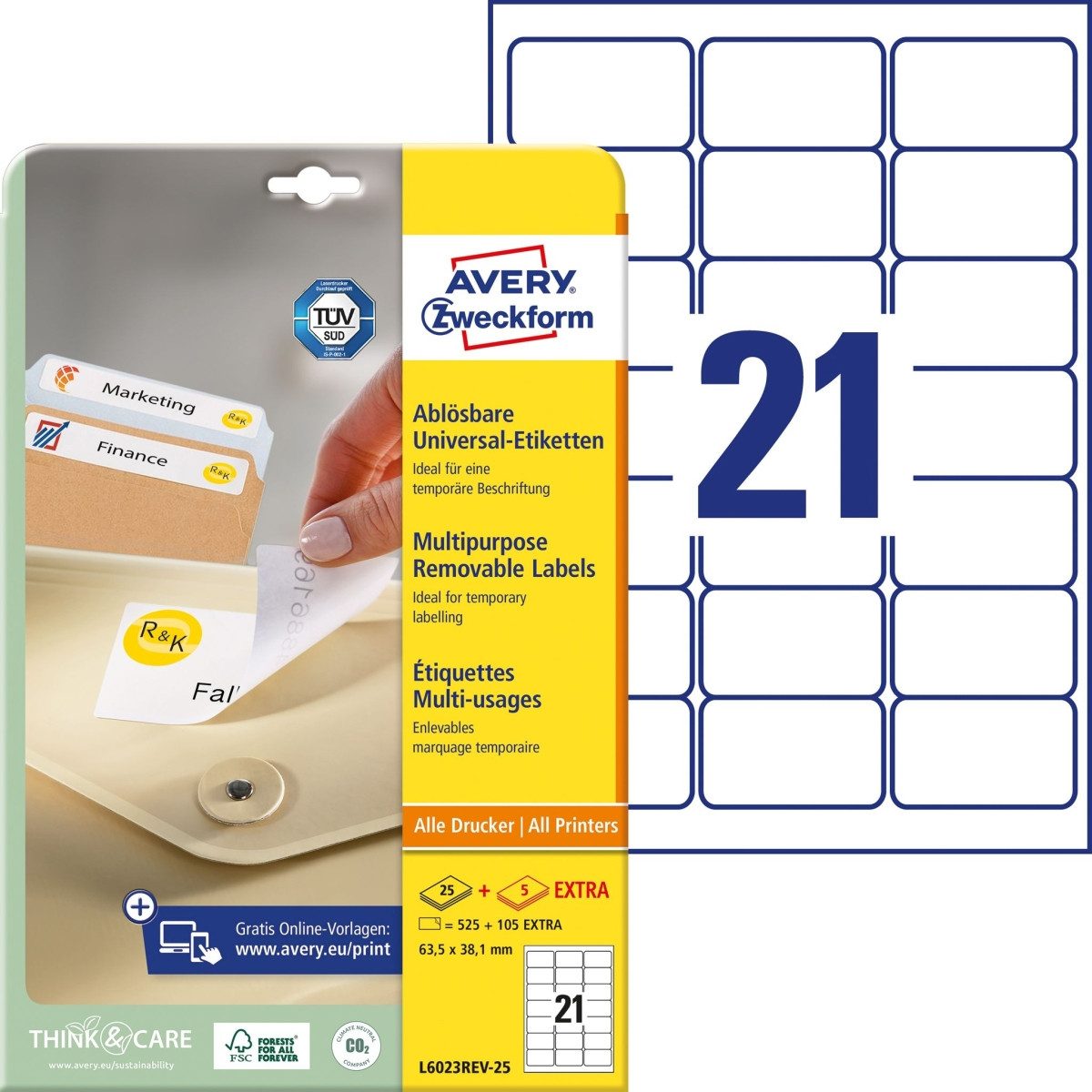 Etiketten Etiketten Inkjet/Laser/Kopier 63,5x38,1mm wiederablösbar VE=630 Stück
