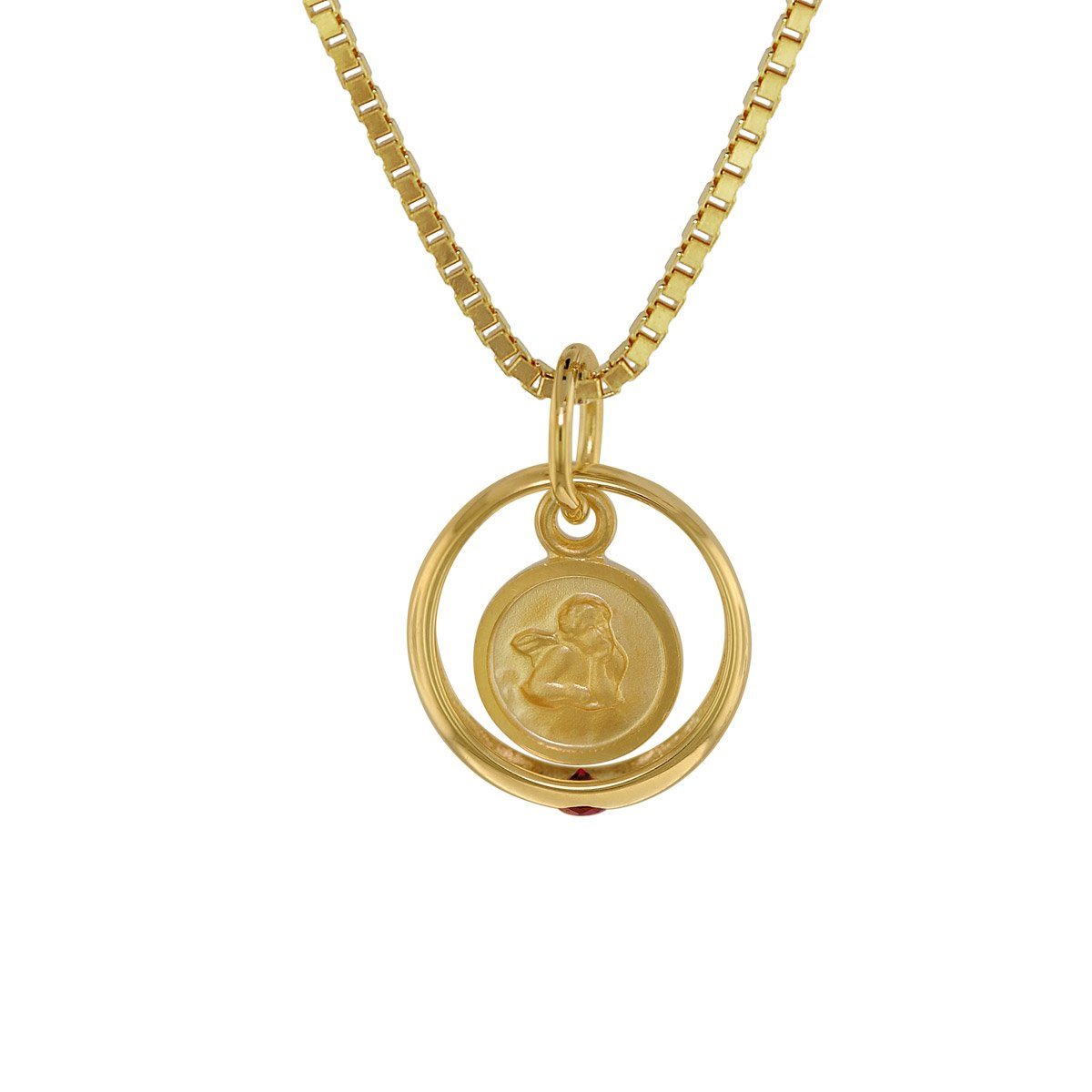 trendor Kette mit Anhänger Taufring Rubin Engel Gold 585 / 14 K mit vergoldeter Silberkette