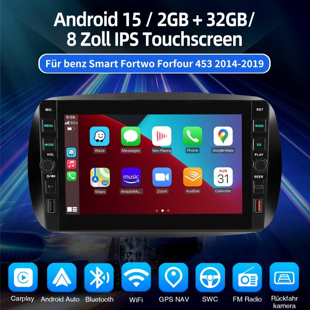 ESSGOO Für Smart Forfour Fortwo 453 2014-2022 Autoradio Carplay Autoradio (RDS, Digitalradio (DAB), FM, AM, Apple Carplay Android Auto GPS Navi WIFI BT)