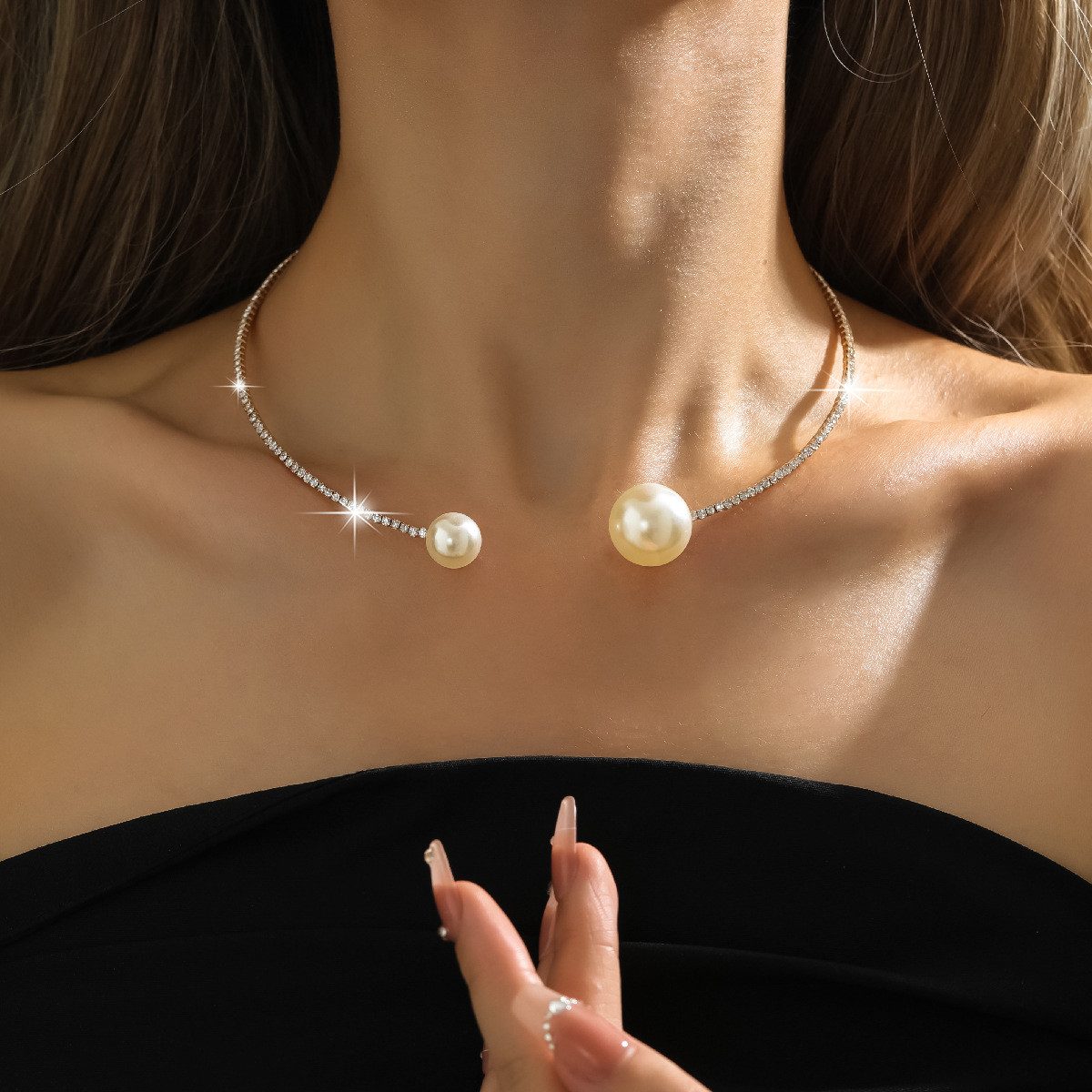 MOPUEA Kette mit Anhänger Boho Strass Perle Choker,Faux Perle offene geometrische Kragen (Einstellbar Nachahmung Perle Offene Halskette Braut Hochzeit Kristall, 1-tlg., Silber Kristall Zarte Halskette Schmuck für Frauen und Mädchen), Zarte Choker Halskett