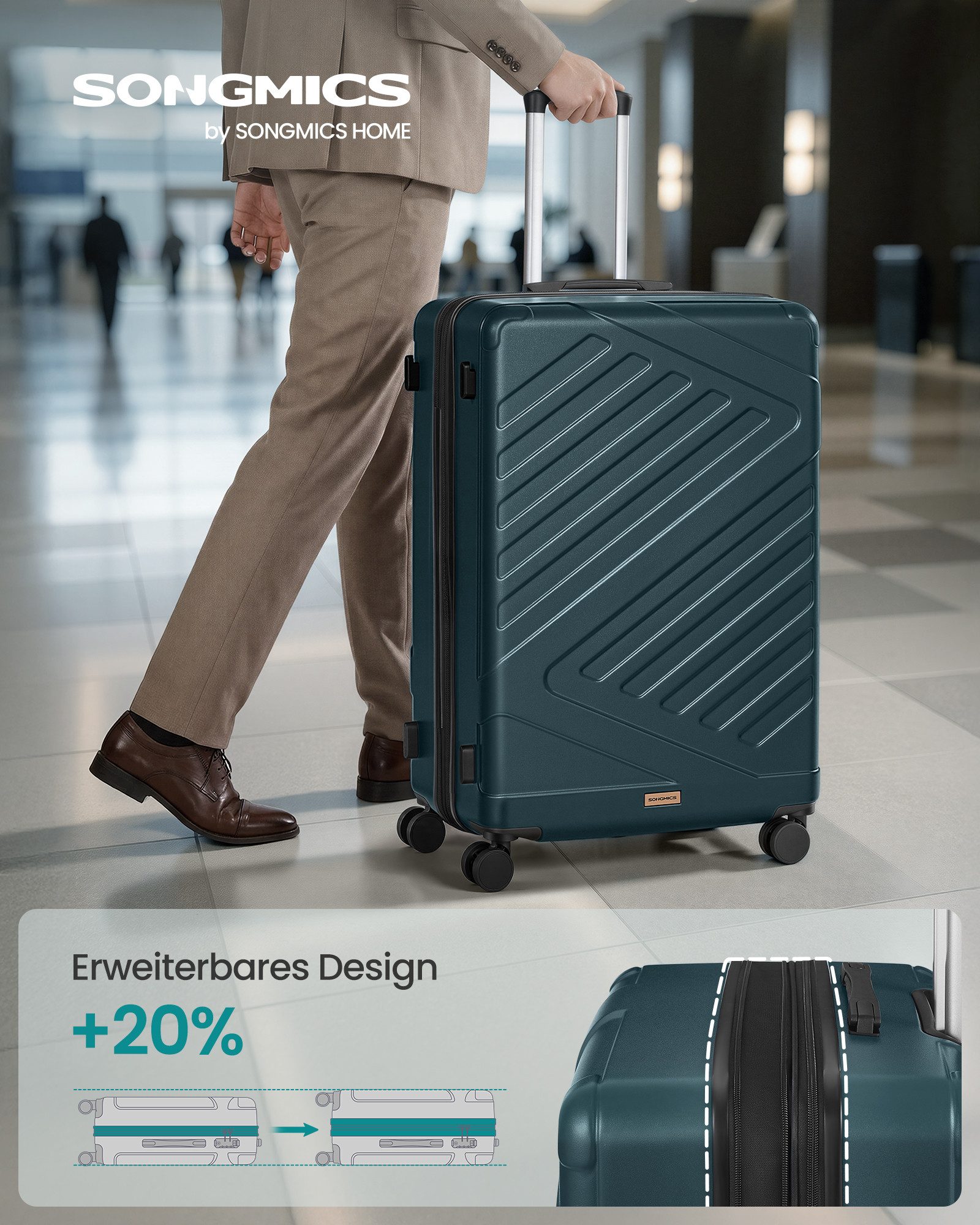 SONGMICS Hartschalen-Trolley Kofferset, 360° Rollen, robuster Reisekoffer, Bordcase, ABS, TSA-Schloss, Zahlenschloss, Koffergurt, erweiterbar, groß