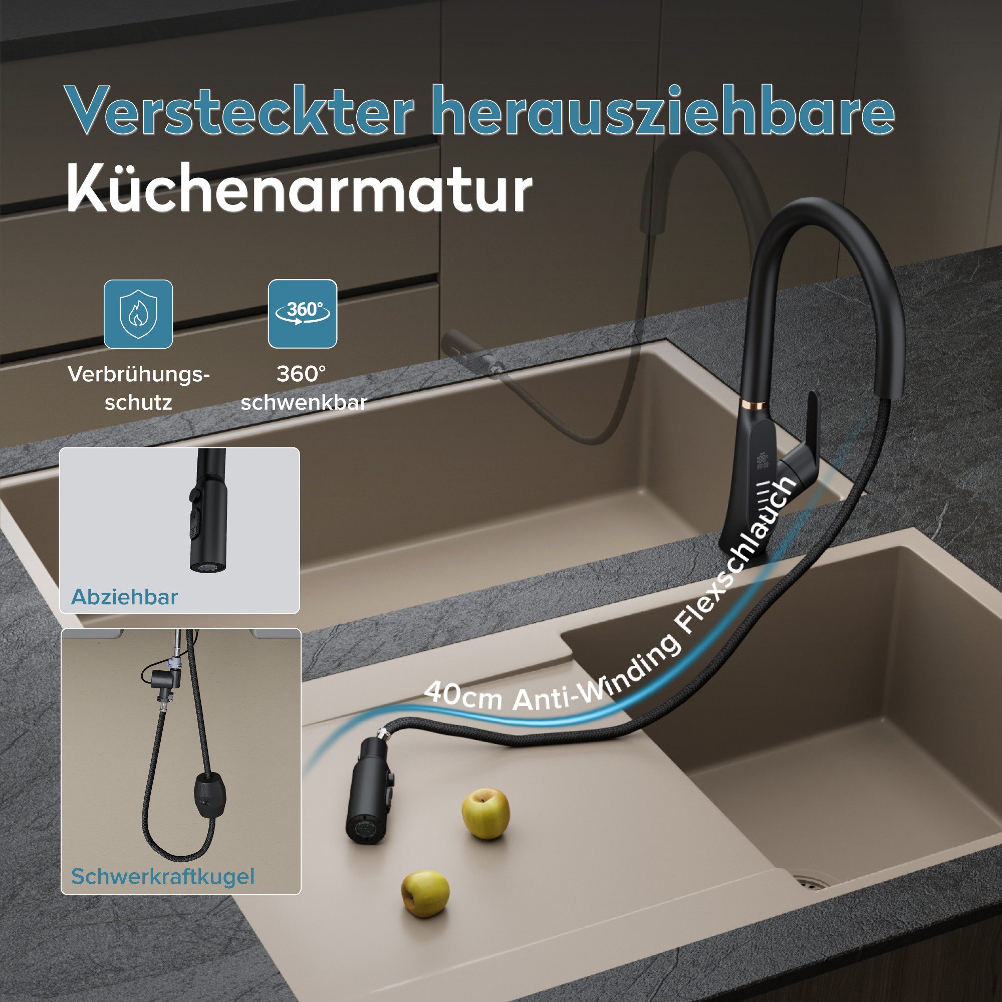 doporro Küchenarmatur Spültischarmatur Hochdruck mit Digitalanzeige 360° Schwenkbar MS-8085 Keramikkartusche, Din-Anschlüsse