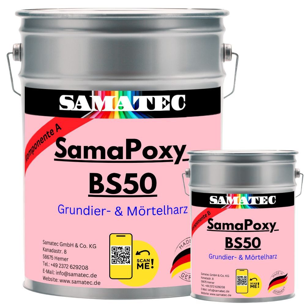 Samatec Haftgrund 2K Epoxid BS50 Mörtelharz Grundierung inkl. VSK Beton isolieren, 1kg für 5m², 4kg für 20m², 8kg für 40m², 24kg für 120m², geruchsneutral, weichmacherbeständig, lösemittlfrei, hochbelastbar