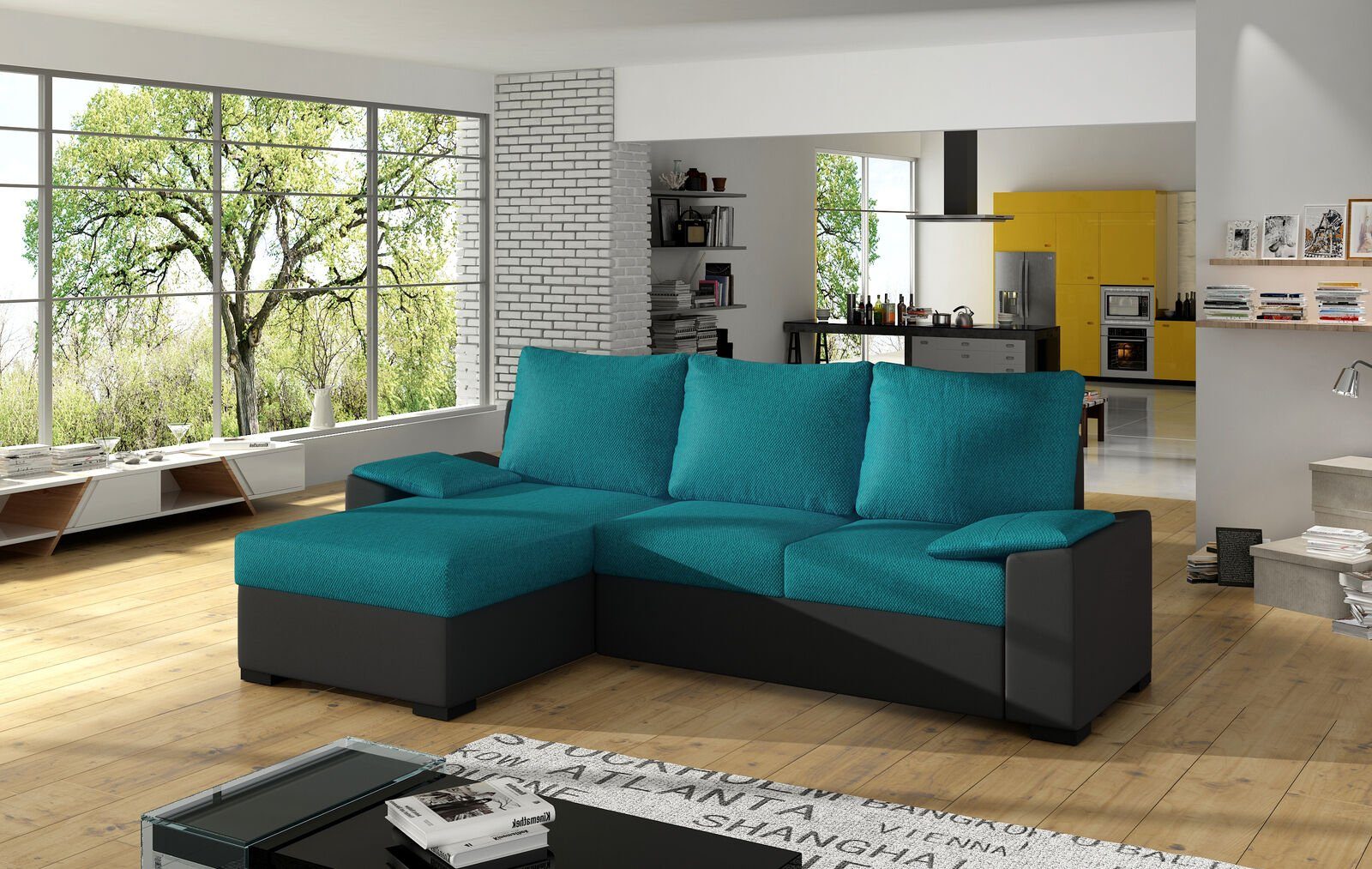 JVmoebel Ecksofa Design Ecksofa Schlafsofa Bettfunktion Couch Leder Polster Textil, Mit Bettfunktion Blau / Schwarz