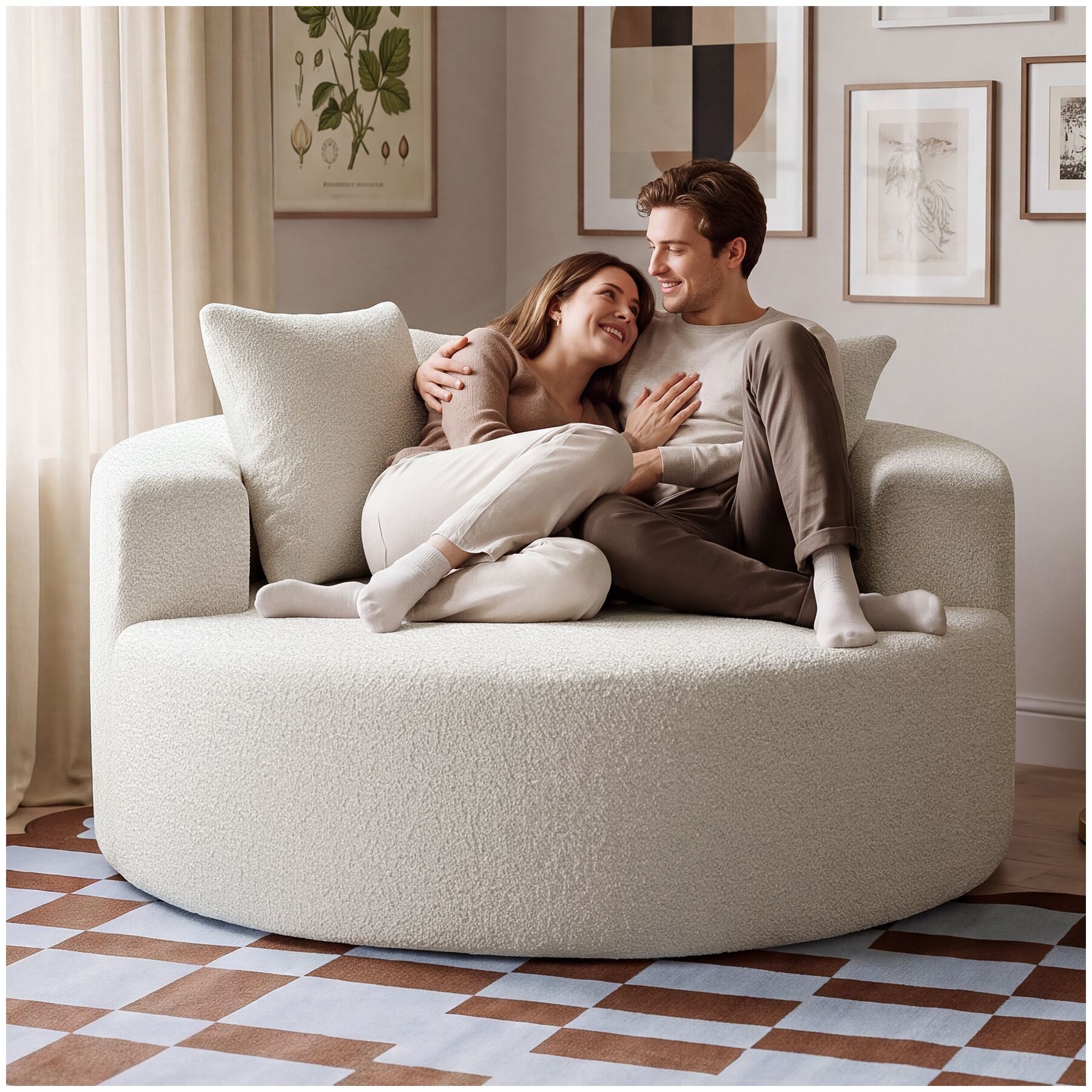tectake Sofa Relaxsessel, Bouclé-Bezug, breite, halbkreisförmige Lehne