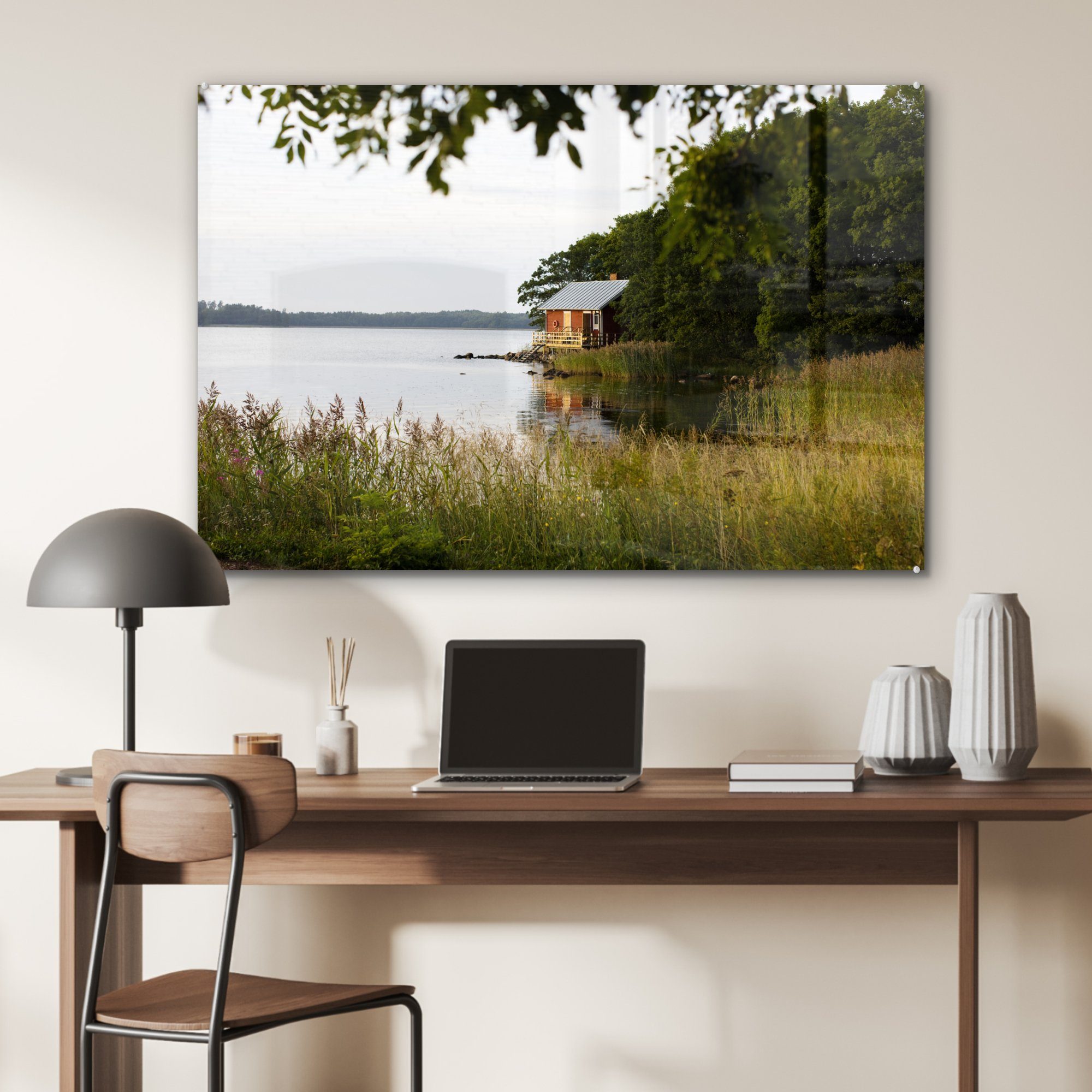 Acrylglasbild Finnland, MuchoWow St), Acrylglasbilder in einem Wohnzimmer (1 Schlafzimmer & See Kleines Haus an