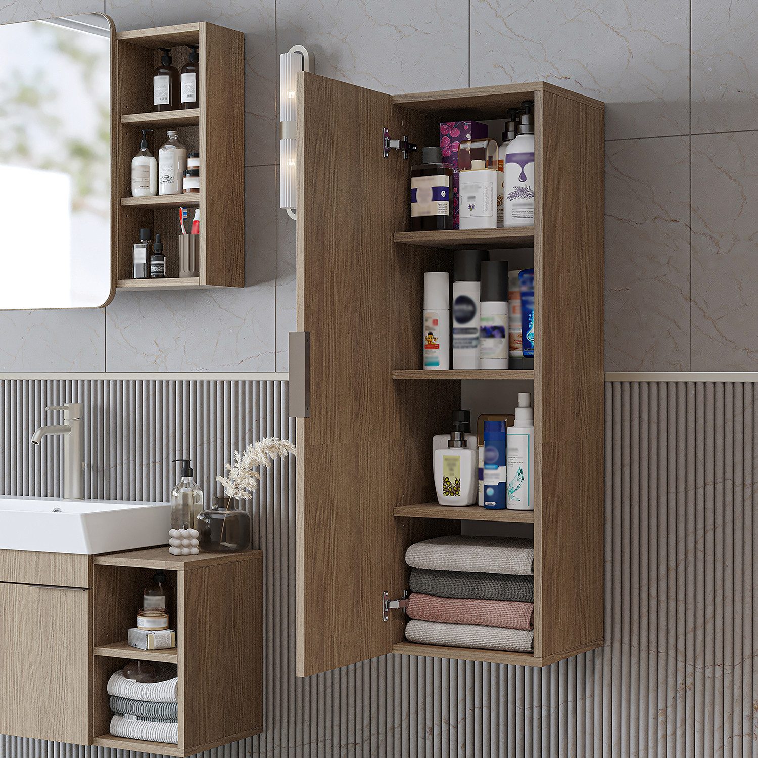 Roomart Badmöbel-Set LYCIA 82 cm 4-tlg., offenes Regal, Keramikbecken, 4 Farben, (Komplett-Set, Komplett-Set - Einzelteile auch separat erhältlich), Soft-Close, offene Regale, 32 cm tief, Keramikbecken inkl.