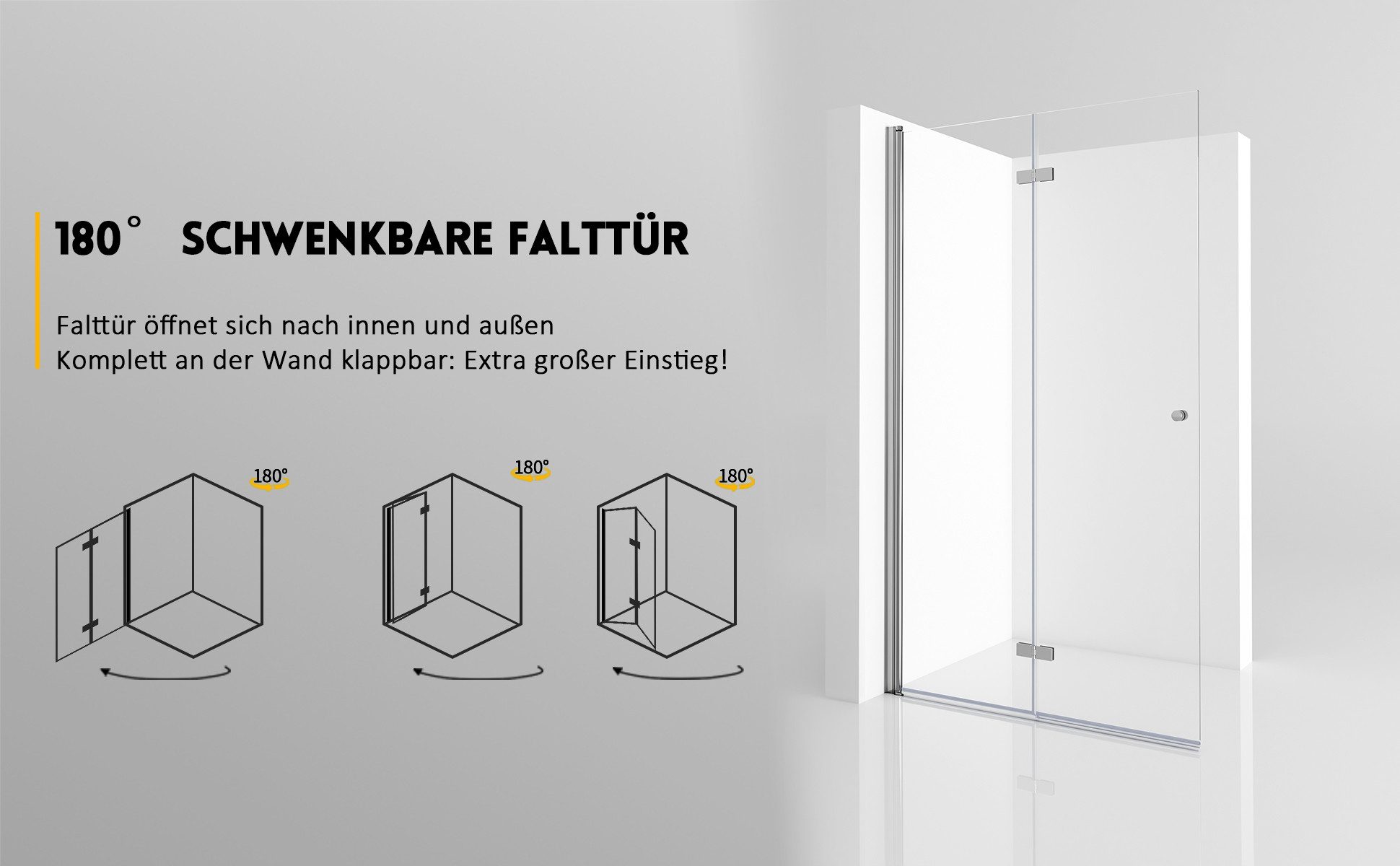 Hopibath Walk-in-Dusche Duschabtrennung faltbar Duschwand für Dusche, Sicherheitsglas, (Duschtrennwand, 180° faltbar), mit 10mm Verstellbereich