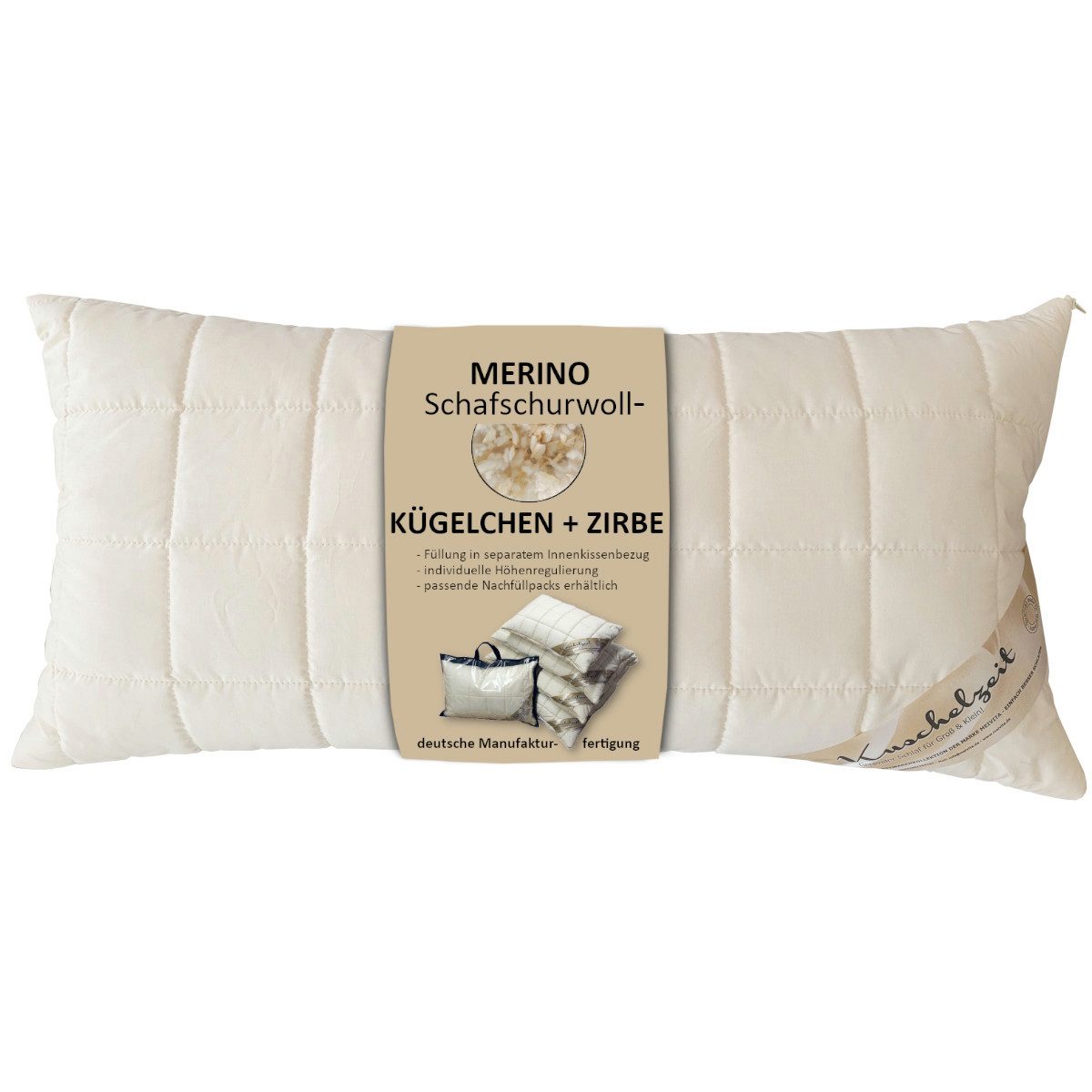 Meivita Naturfaserkopfkissen Merino Schafschurwolle Подушки, Füllung: 80% Wolle (Schurwollkügelchen) und 20% Zirbenholzspäne, Bezug: 100% Baumwolle untersteppt mit 100% Wolle (Merino Schafschurwollvlies), Seitenschläfer, Rückenschläfer, Bauchschläfer, Подушки Hergestellt in Deutschland