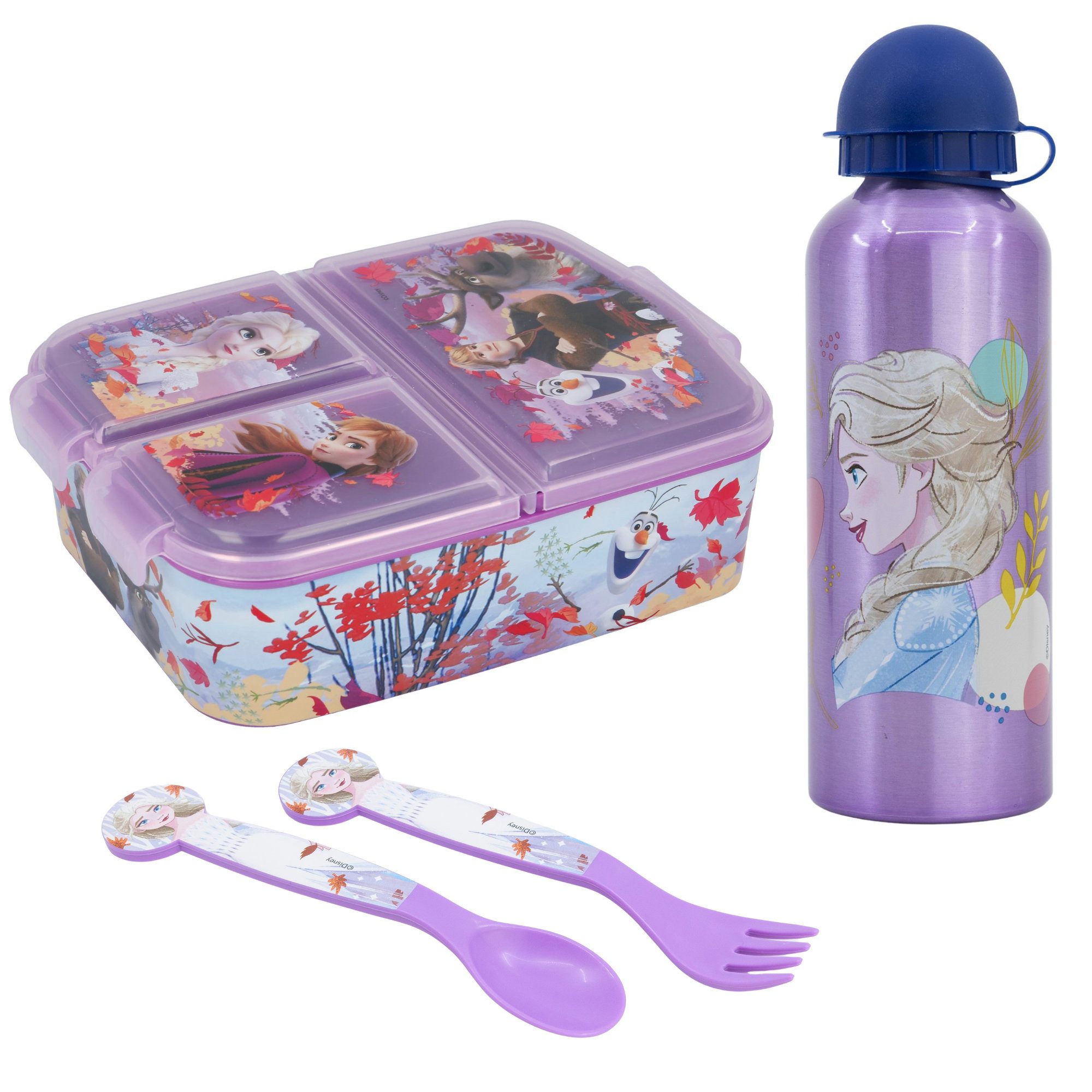 Disney Lunchbox Disney Die Eiskönigin Elsa 4 tlg Kinder Set, (4-tlg., Spar-Set), Brotdose Alu-Trinkflasche Besteck