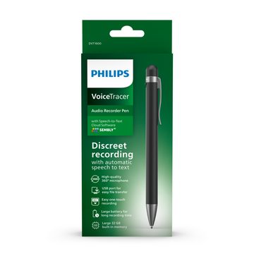 Philips DVT1600 Audio Recorder Pen Digitales Diktiergerät (32GB, PCM, Inkl. Sembly Sprache-zu-Text-Cloud-Software)