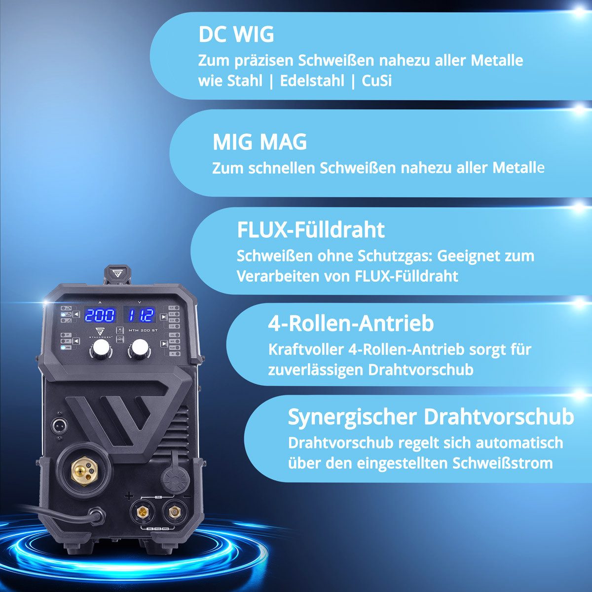 STAHLWERK Inverterschweißgerät Kombi Schweißgerät MTM-200 ST Vollausstattung WIG MIG MAG MMA FLUX, 10 - 200 A, Packung}, 19-tlg., Vollausstattung, mit 200 A und synergischem Drahtvorschub