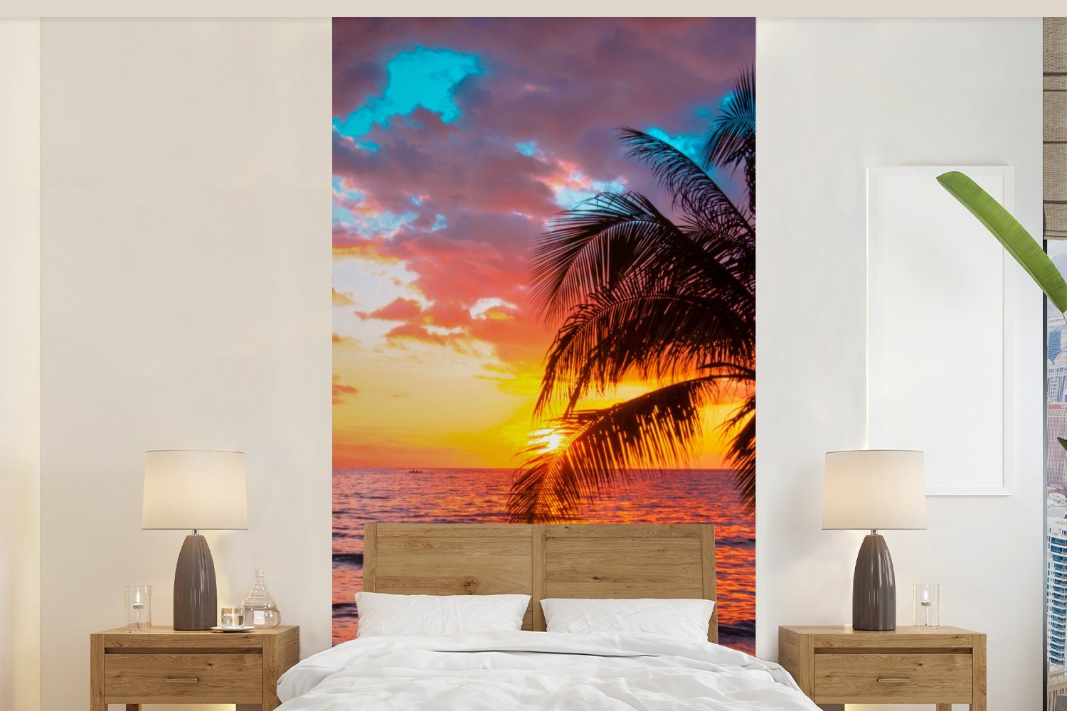 MuchoWow Fototapete Palme - Sonnenuntergang - Strand - Meer - Horizont, Matt, bedruckt, (2 St), Vliestapete für Wohnzimmer Schlafzimmer Küche, Fototapete