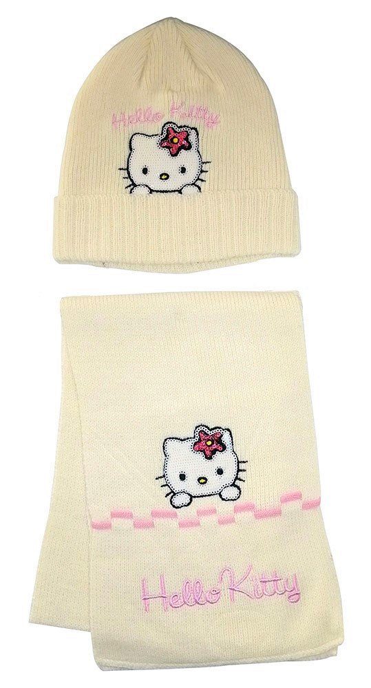 Mütze Hello mit 54 Hello Cremefarben Kitty Mädchen Strickmütze Winter-Set Schal für und Kitty