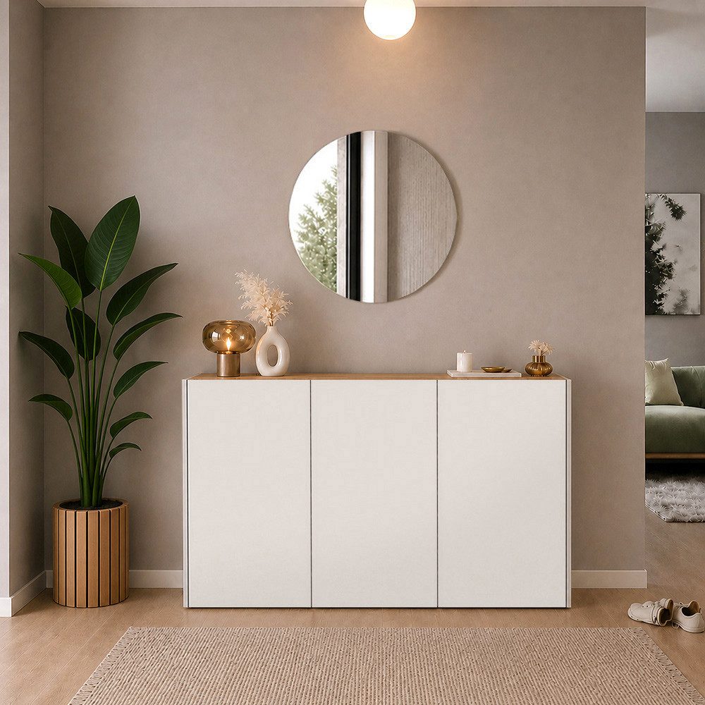 Lomadox Garderoben-Set LAPUA-01, (Spar-Set, 2-St., Schuhschrank Garderobenpaneel Spiegel), in Beige und Eiche, ideal für schmale Flure