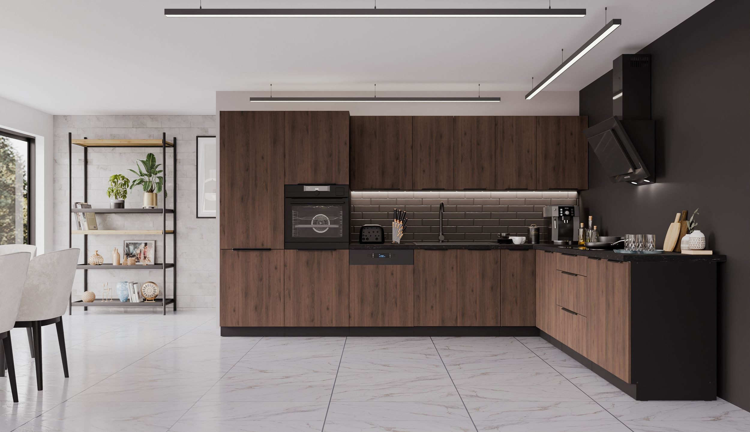 Küchen-Preisbombe Winkelküche MONZA 350x290 cm Küchenzeile Küchenblock Küche Nußbaum Okapi + Schwarz