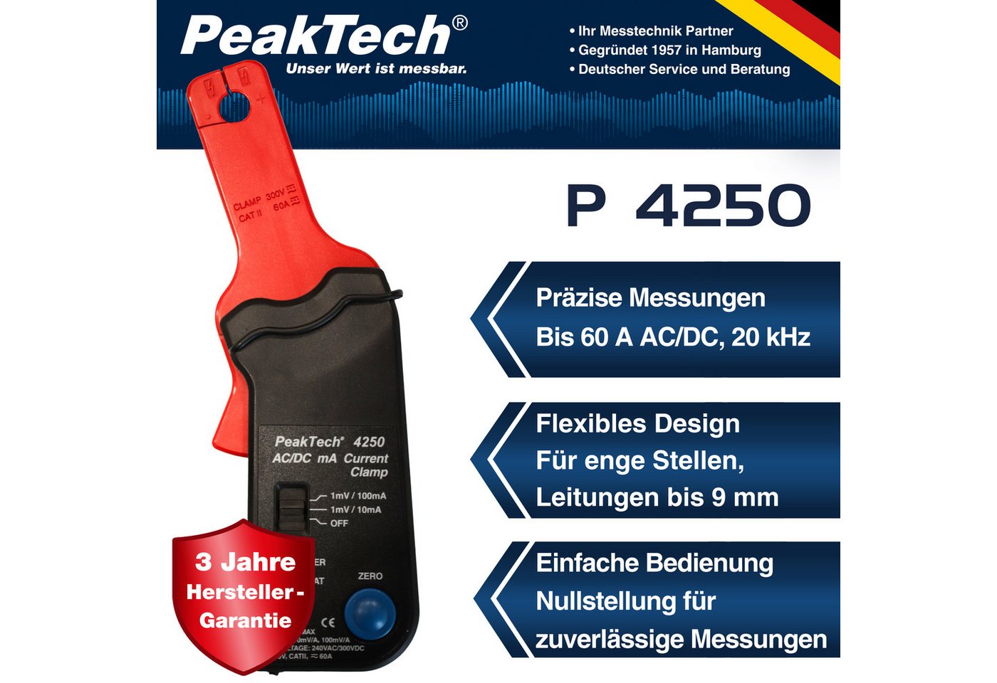 Thumbnail - PeakTech Strommessgerät PeakTech P 4250: Stromzangen-Adapter ~ 60 A AC/DC, 4mm Anschlußstecker, 1-tlg.