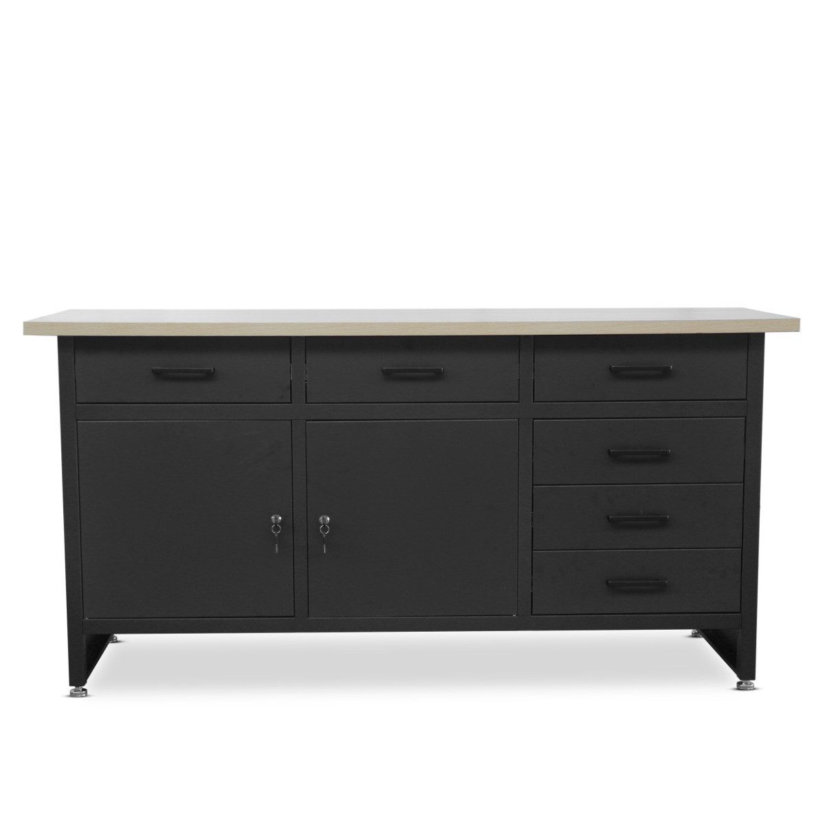 Jan Nowak Werkbank Werkstatttisch 170 cm HENRY 6 Schubladen 2 Schränke Stahl robust, (Stahl 0,8-1,0 mm 85 x 170 x 60 cm verstellbare Füße 91 kg), Werktisch abschließbar 570 kg laminierte Platte 5 Farben PZH