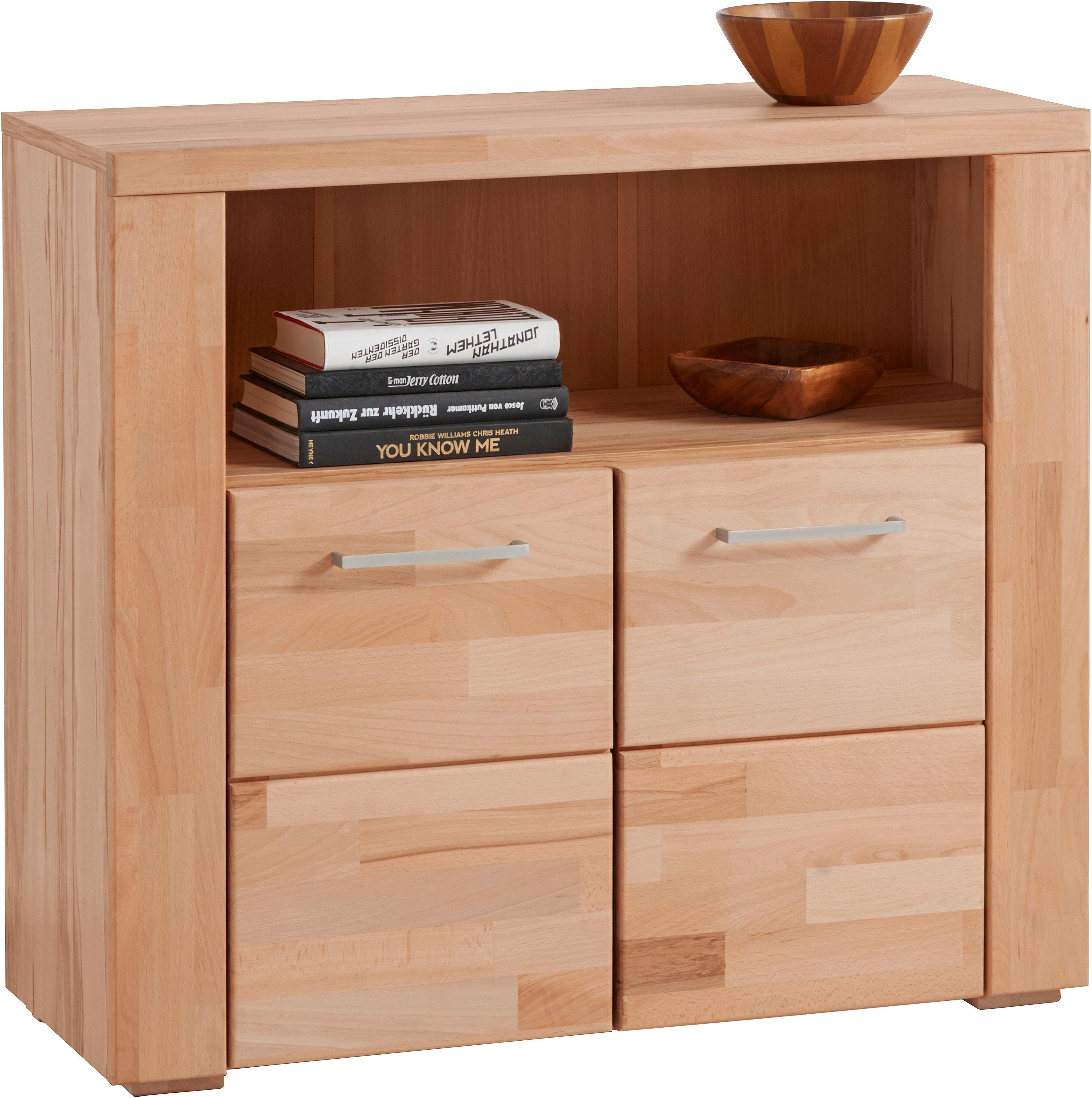 OTTO home Kommode Celle,90cm breit,35 cm tief, Fronten Massivholz, Holz massiv, Holzwerkstoff, Metall Griffe,3 breite Fächer