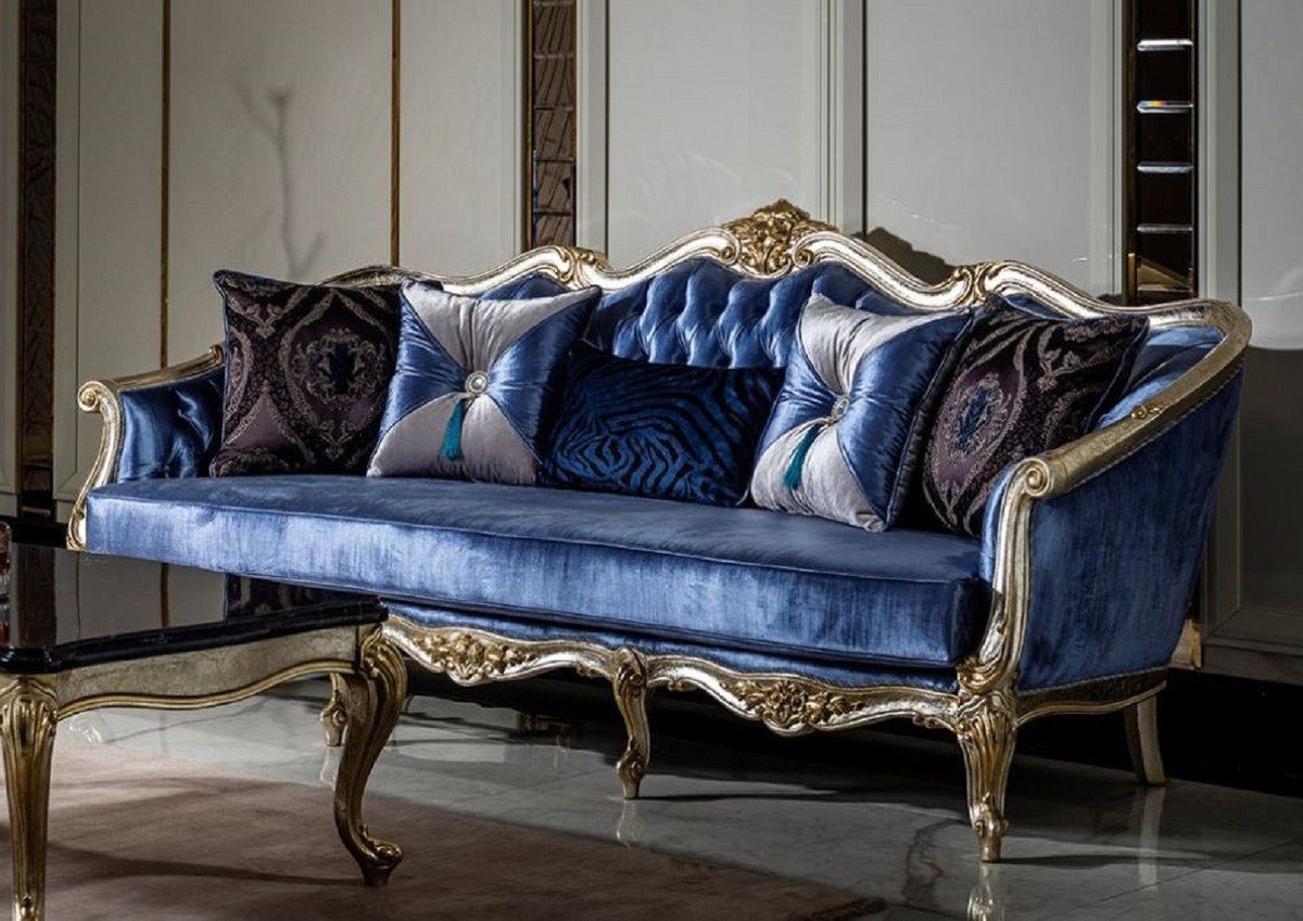 Casa Padrino Sofa Luxus Barock Sofa Blau / Silber / Gold - Handgefertigtes Wohnzimmer Sofa mit dekorativen Kissen - Barock Wohnzimmer Möbel